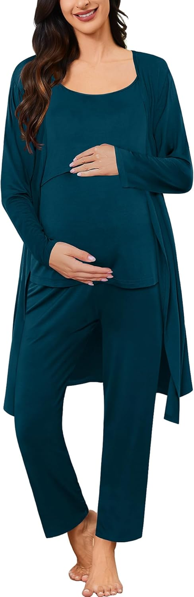 SWOMOG Maternity Nursing Robe Set 3 PCS Postpartum Pajamas Breastfeeding Labor Delivery with Robe & Camisole & Pants image number 6