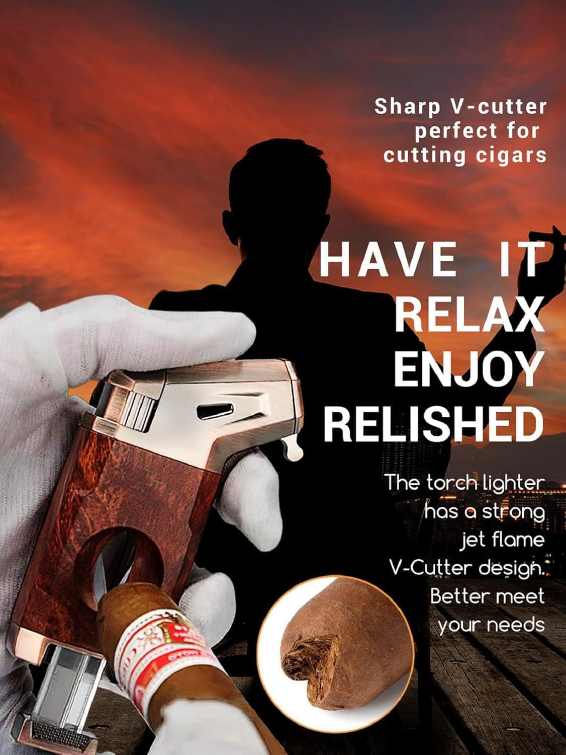 Butane Torch Lighter with V Cutter,Adjustable Cigar Torch Refillable Lighter Butane Double Jet Flame,Windproof Lighter,Adjustable Refillable Butane Lighter Gifts for Men(No Gas) (Brown) image number 4