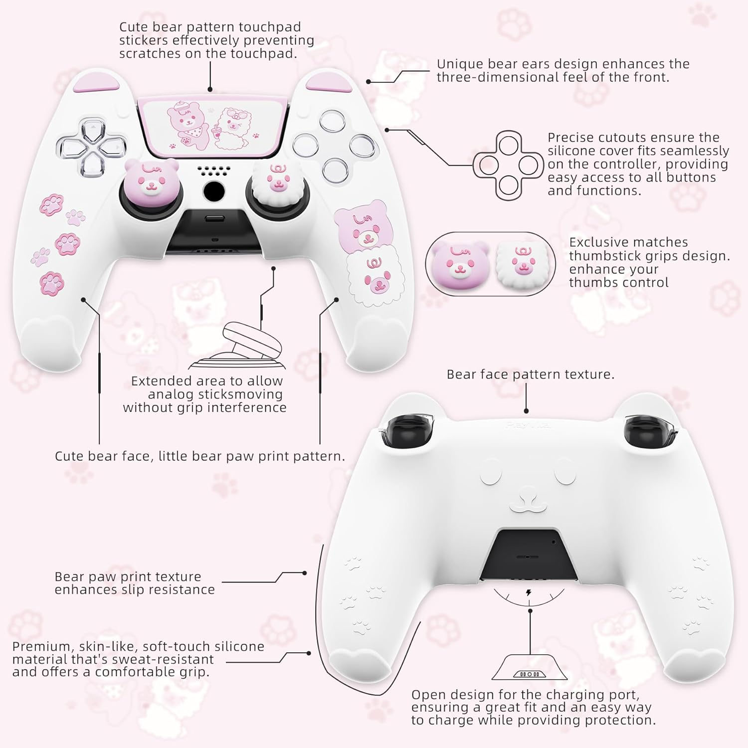 Playvital Cute Bear Controller Silicone Case for Ps5, Kawaii Controller Cover Compatible with Charging Station, Gamepad Skin Protector for Ps5 with Touch Pad Sticker & Thumb Grips - White & Pink