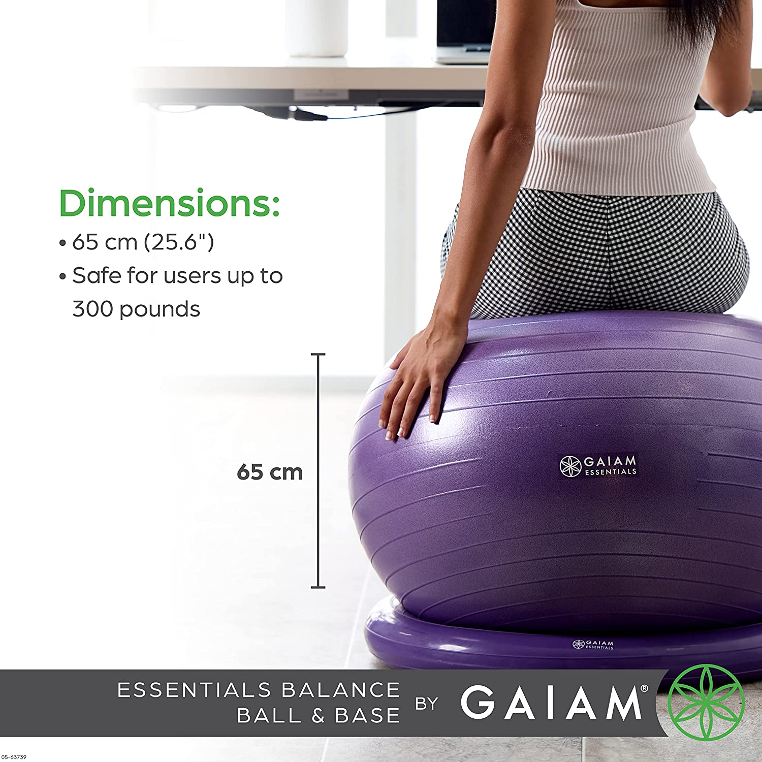 Gaiam Essentials Balance Ball & Base Kit, 65Cm Yoga Ball Chair, Exercise Ball with Inflatable Ring Base for Home or Office Desk, Includes Air Pump - Navy image number 3