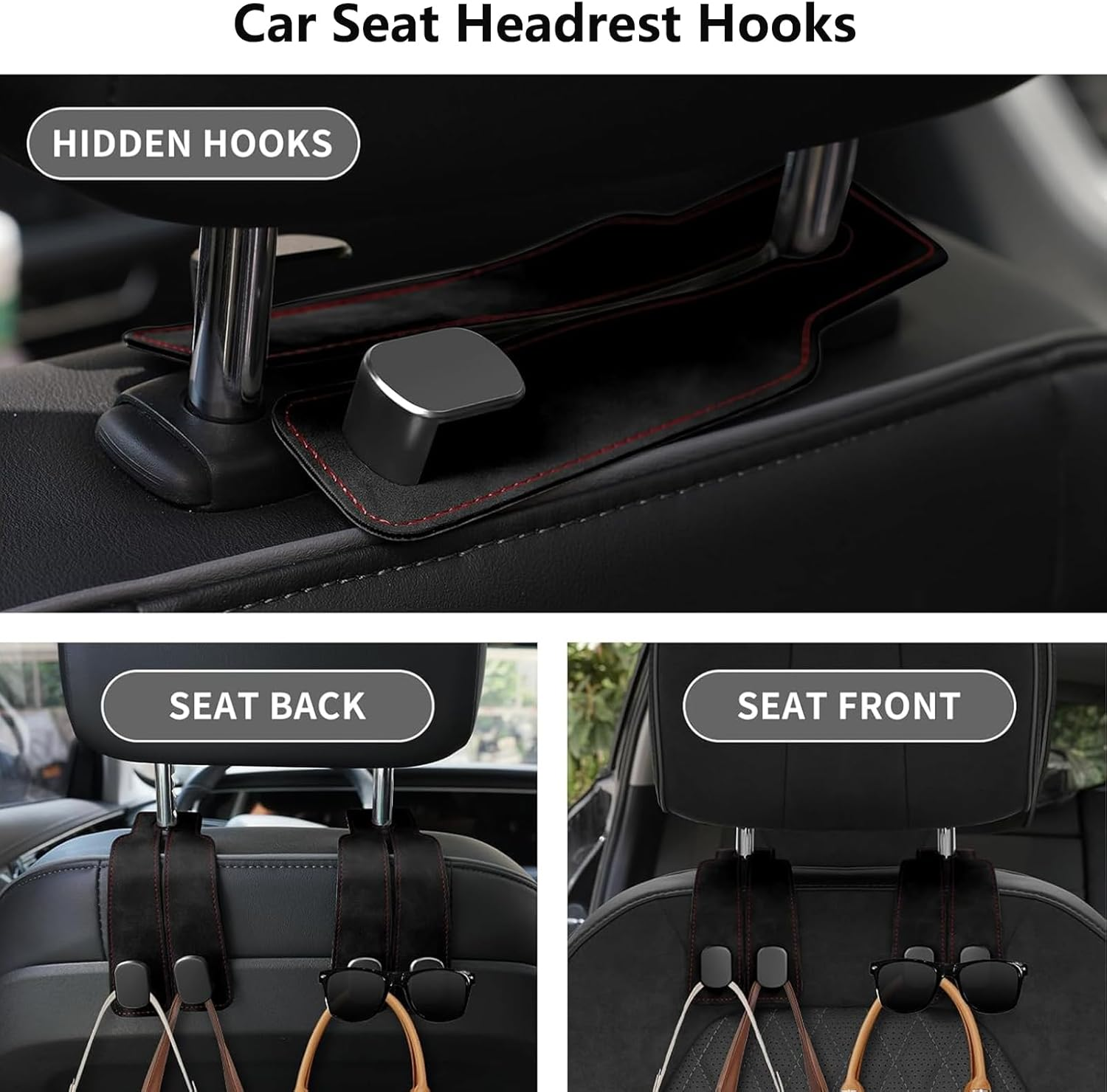 1 Pack Car Hooks for Headrest, Headrest Hooks Car Purse Hook Car Seat Back Storage Hook Premium Leather Car Seat Holder for Headrest Purses and Bags (Black) - Black*1 image number 3