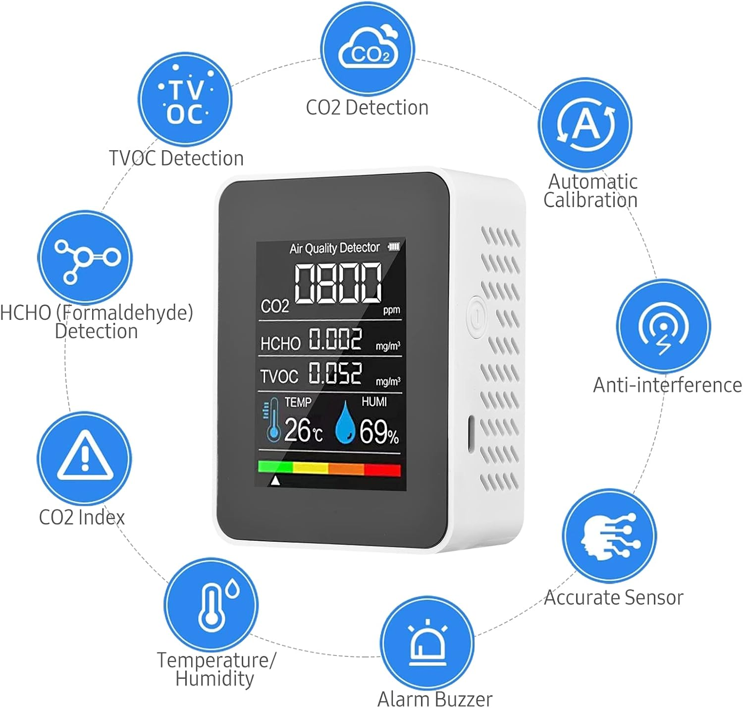 Portable Air Quality Monitor Indoor CO2 Detector 5 in 1 Formaldehyde HCHO TVOC Tester LCD Temperature Humidity Tester Reable CO2 Alarm Meter for Room Office Greenhouse Warehouse image number 4