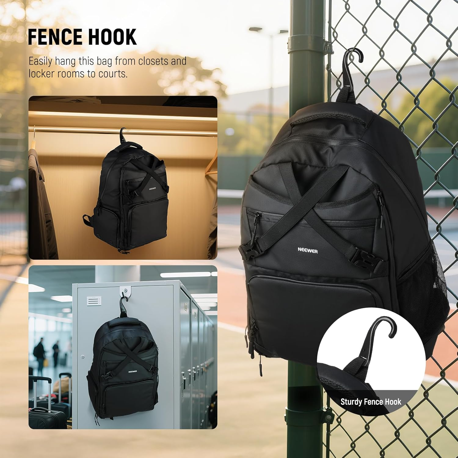 NEEWER Tennis Bag for Men/Women, Hold up to 2 Rackets, Water Resistant 1000D PU Tennis Ball Pickleball Racquetball Backpack with Shoe Compartment, Side Pocket, Accessories Pockets, Fence Hook, TB02B image number 6