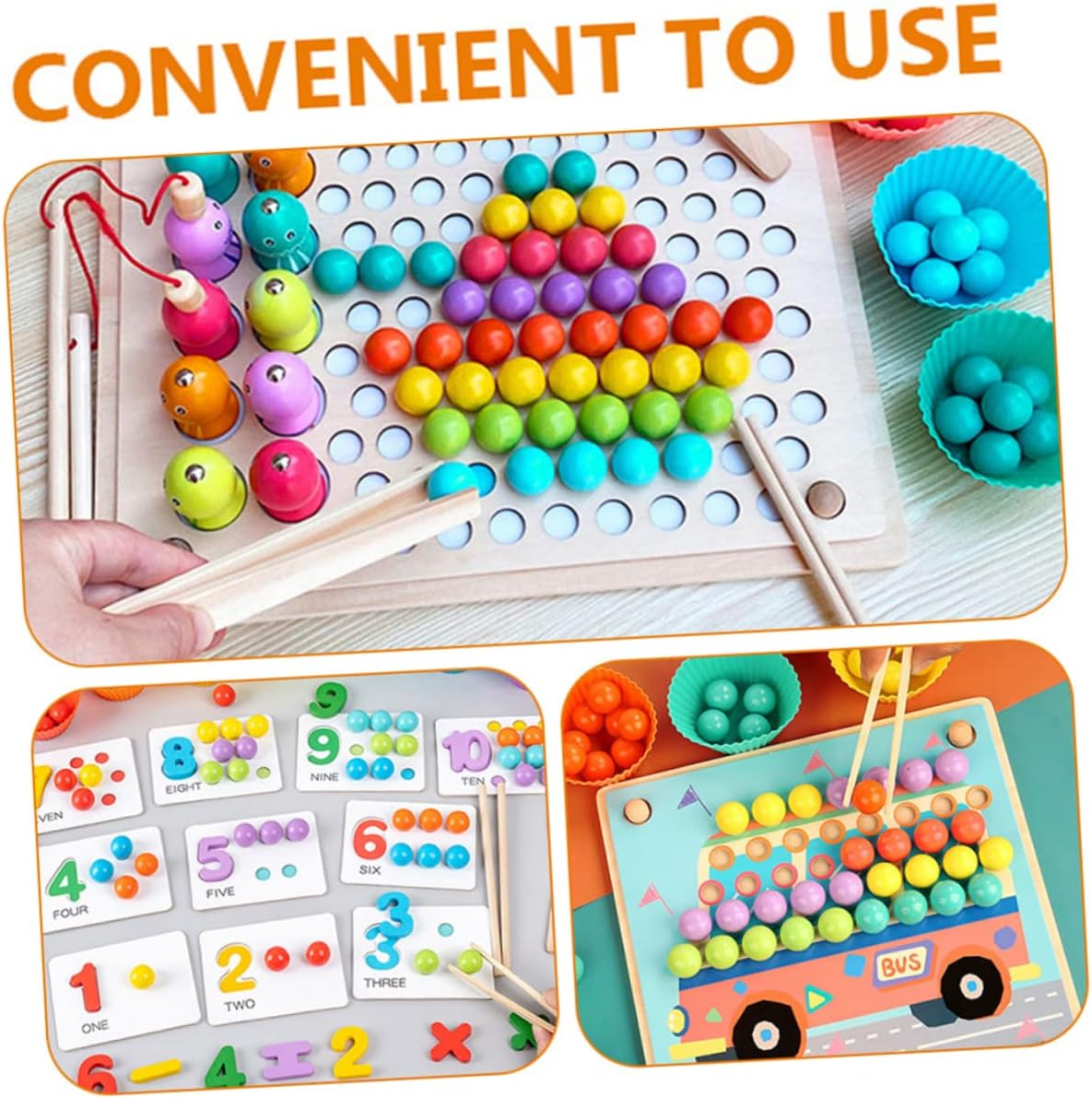 HOMSFOU 5Pcs Kids Wooden Tweezers for Fine Motor Skills Training Montessori Educational Toys for Toddlers and Children Safe Edges for Bead and Bean Sorting image number 5