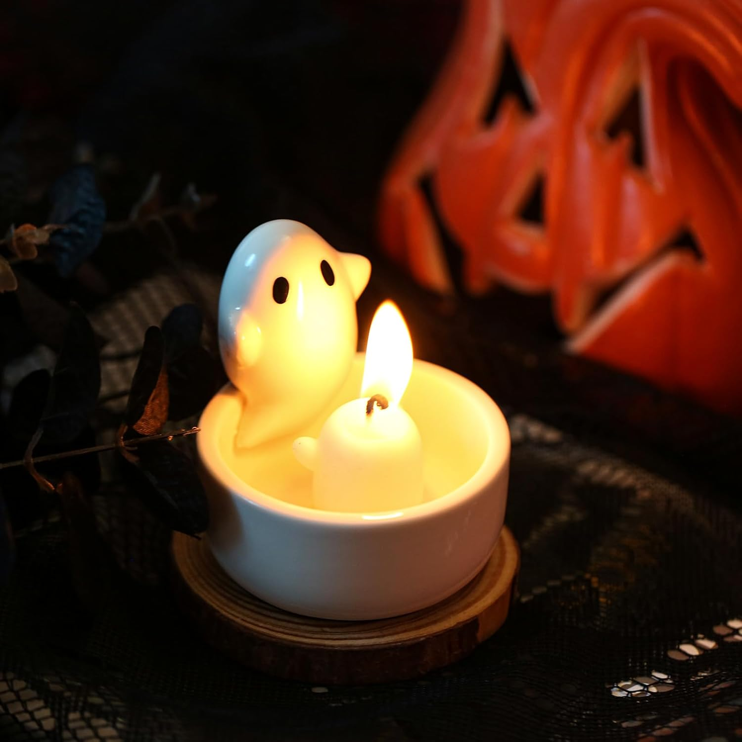 Ghost Candle Holder, White Ceramic Candlestick Cartoon Cute Ghost Figurines Scented Candle Holder for Girls Women Halloween Birthday Gift Home Table Decoration image number 1