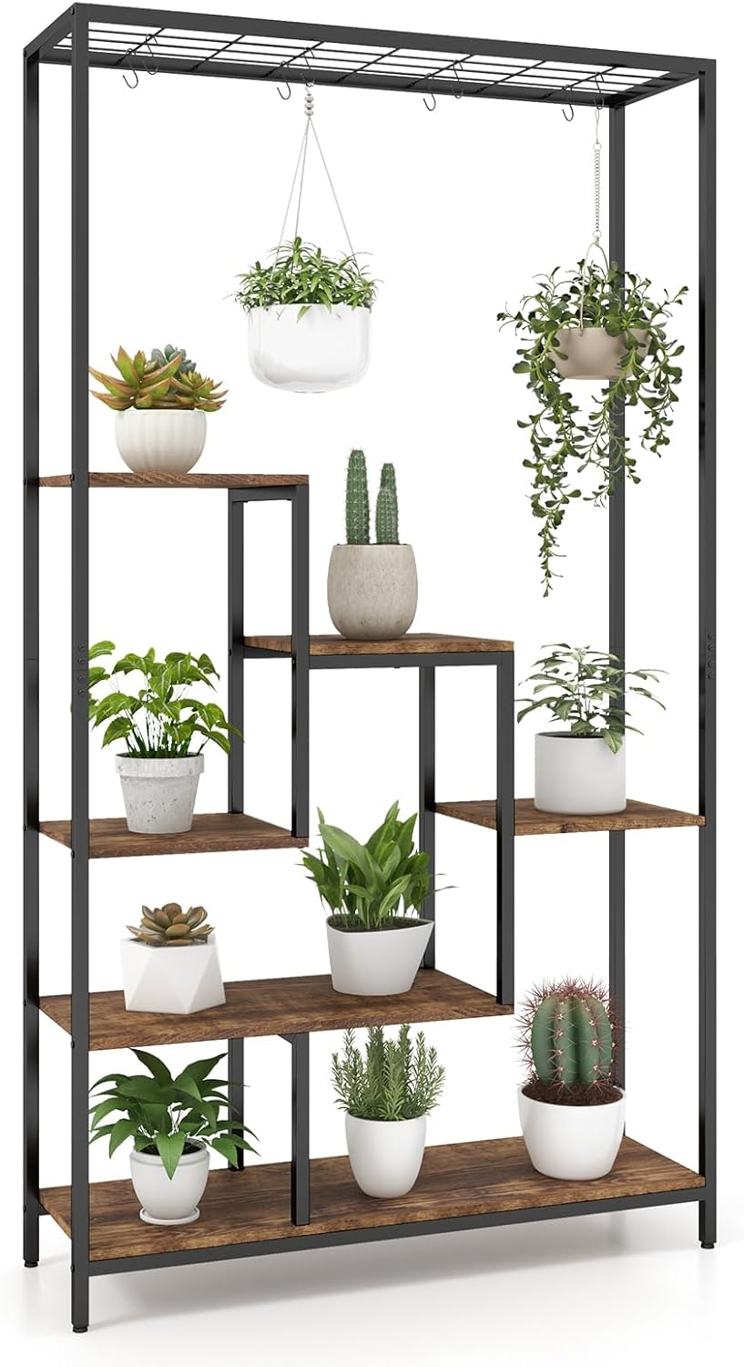 Costway 6-Tier Tall Plant Stand, 180 CM Metal Indoor Plant Shelf W/ 10 Hanging Hooks & Wire Shelf for Multiple Plants, Multipurpose Plant Display Rack for Balcony, Living Room, Black (Black + Rustic Brown)
