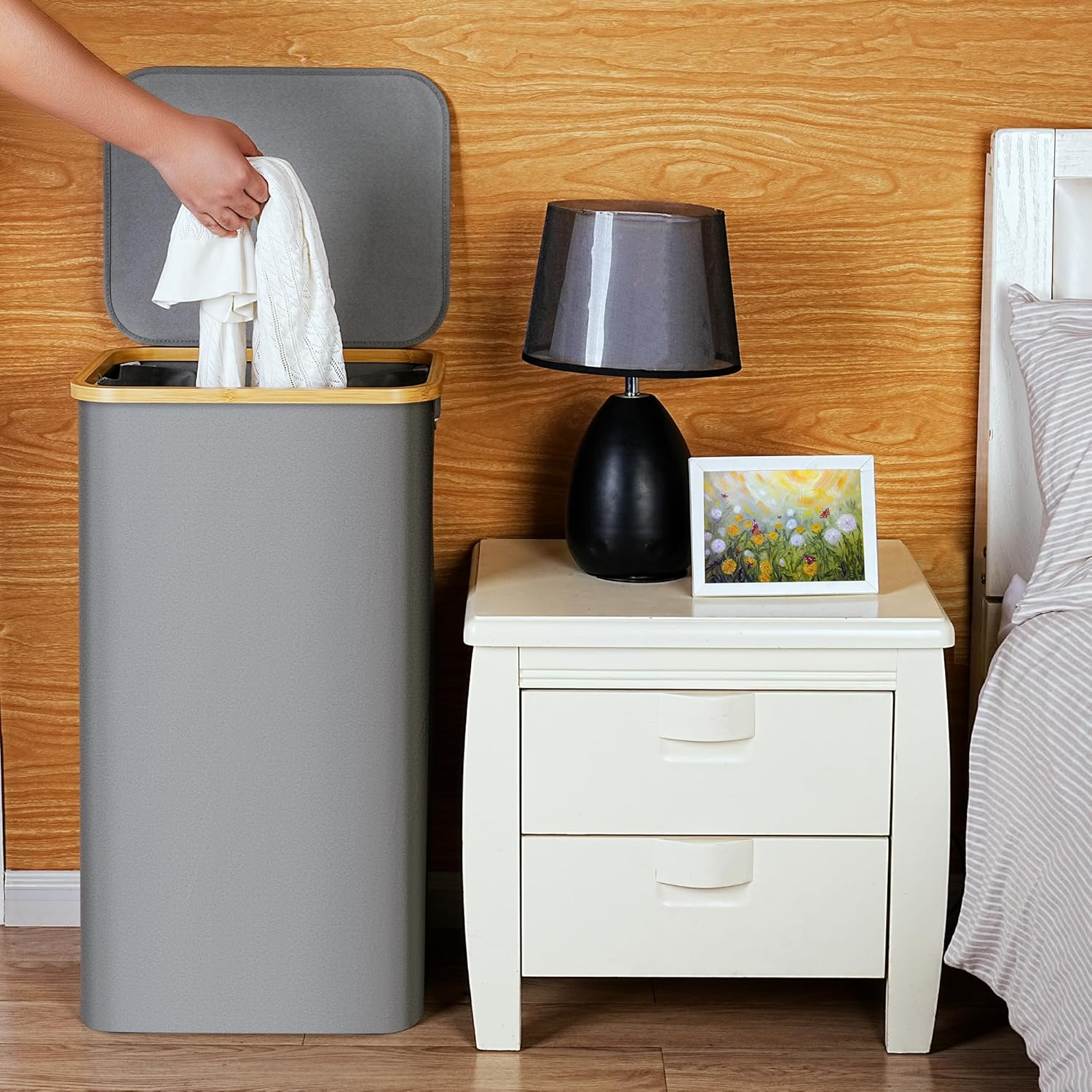 Efluky Laundry Basket with Lid and Removable Bag, 100L Tall Laundry Hamper with Bamboo Handles, Aesthetic Dirty Clothes Bin for Laundry Room, Bathroom, Bedroom and Dorm, Silver Grey image number 6
