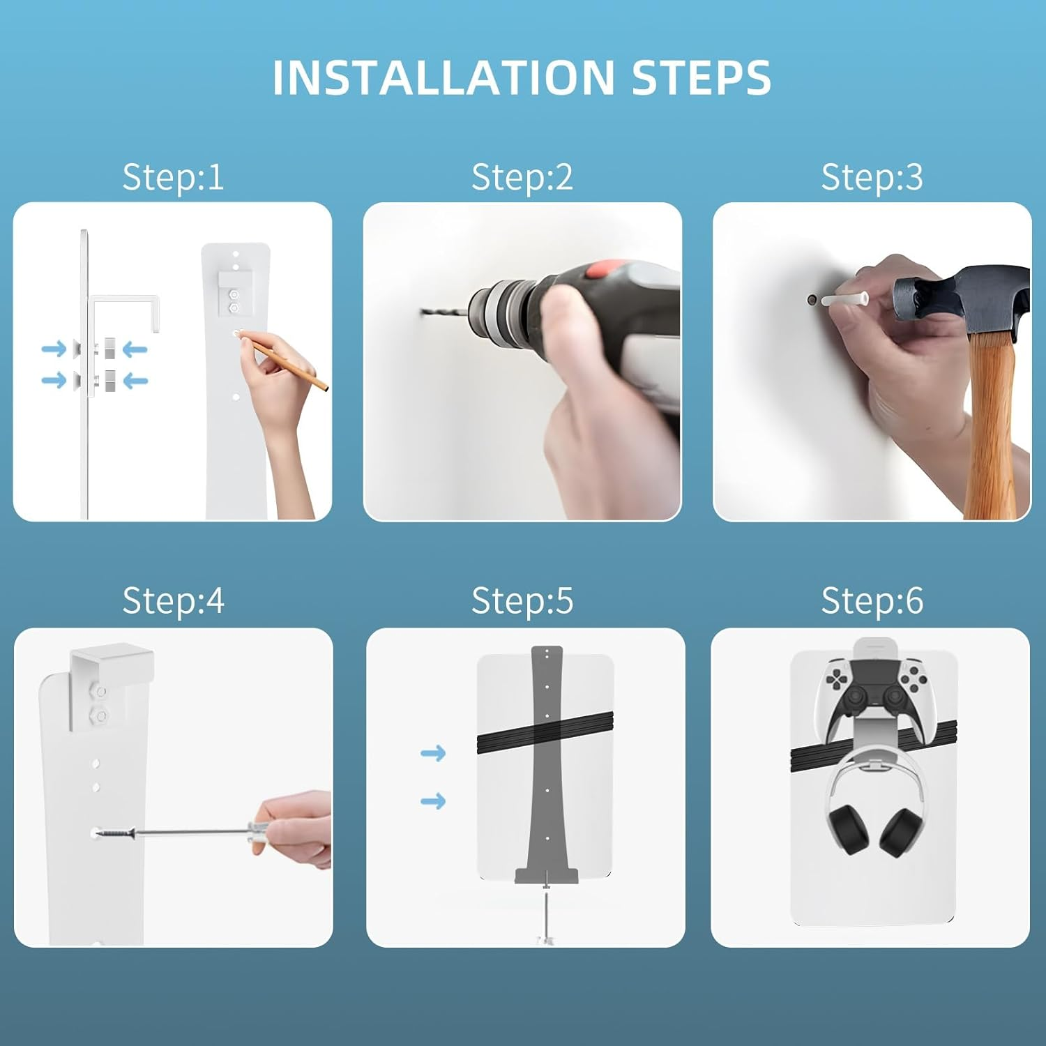 Wall Mount for PS5/ PS5 Slim/ PS5 Pro Console, Sturdy Steel Vertical Wall Mount Bracket Kit with Controller Holder & Headphone Storage Hanger for PS5 Slim Pro (White)