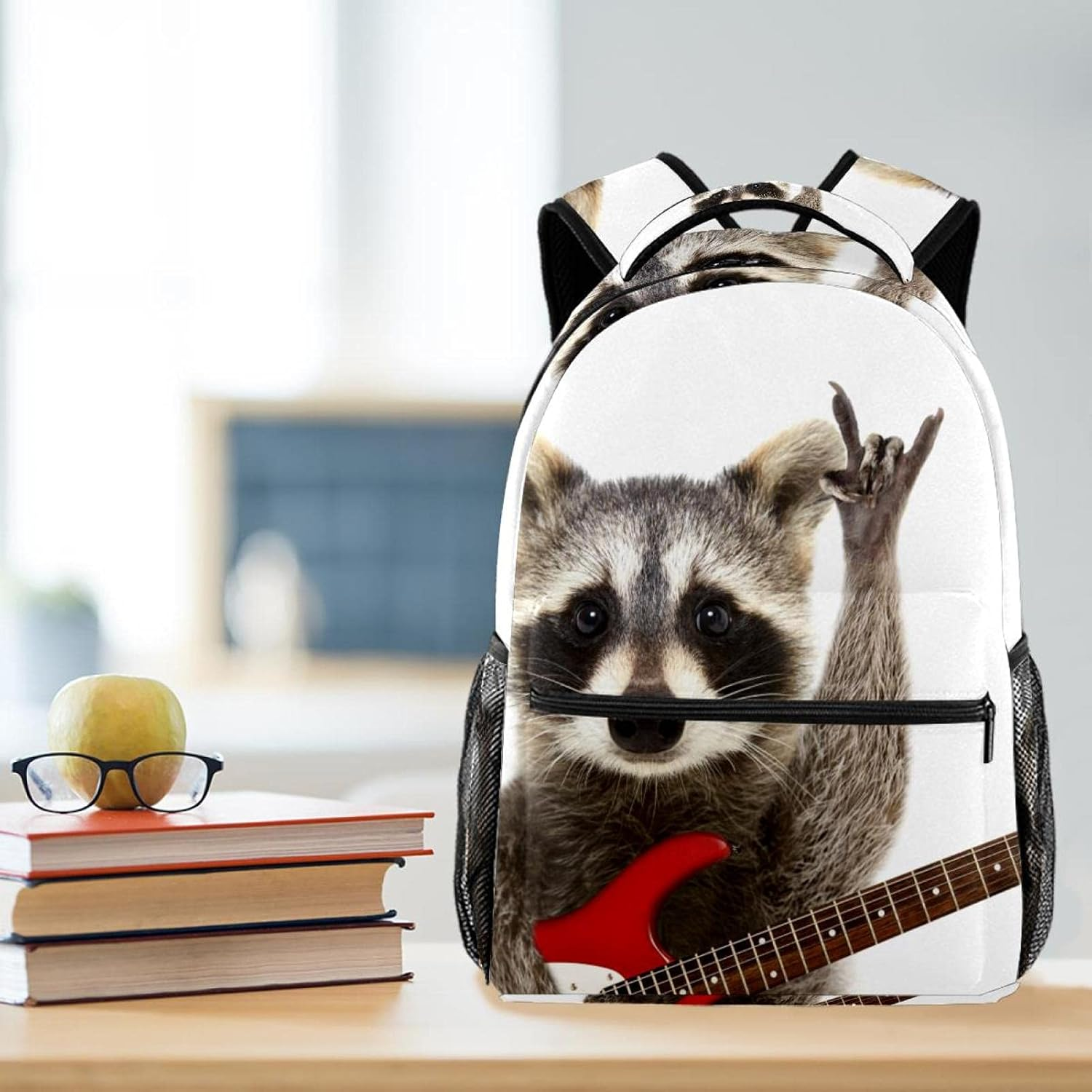 Funny Raccoon with Electric Guitar Backpack Students Shoulder Bags Travel Bag College School Tote Backpacks image number 2