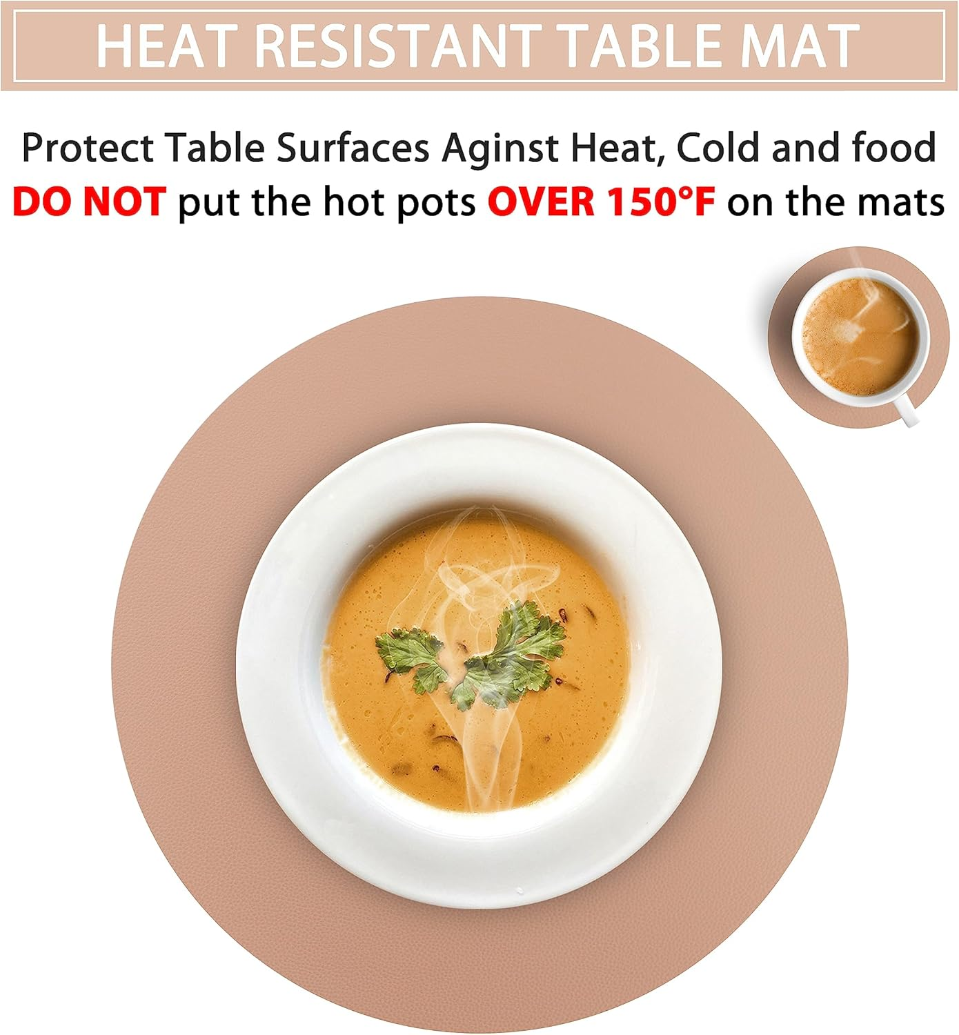 Wipeable Placemats and Coasters Leather Table Mats Waterproof Heat-Resistant Easy to Clean for Dining Table Set Kitchen Table Set of 6, Peach