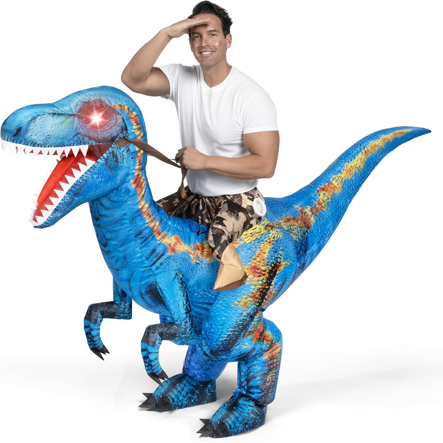 Spooktacular Creations Adult Inflatable Dinosaur Costume, Riding a Raptor Digital Printing Blow-Up with LED Light Eyes - Blue image number 2