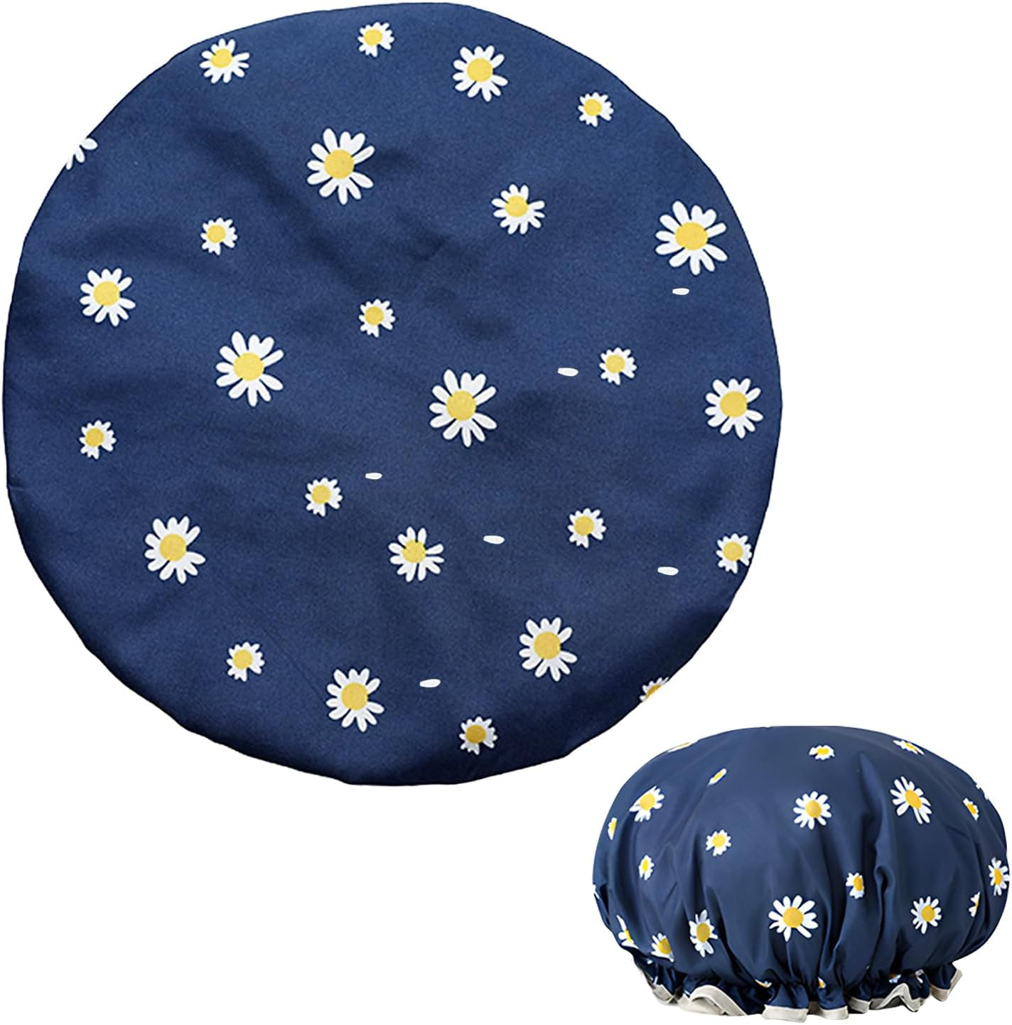 Women'S Double Layer Waterproof Shower Cap with Floral Pattern for Long Short Curly Hair (Blue) image number 4