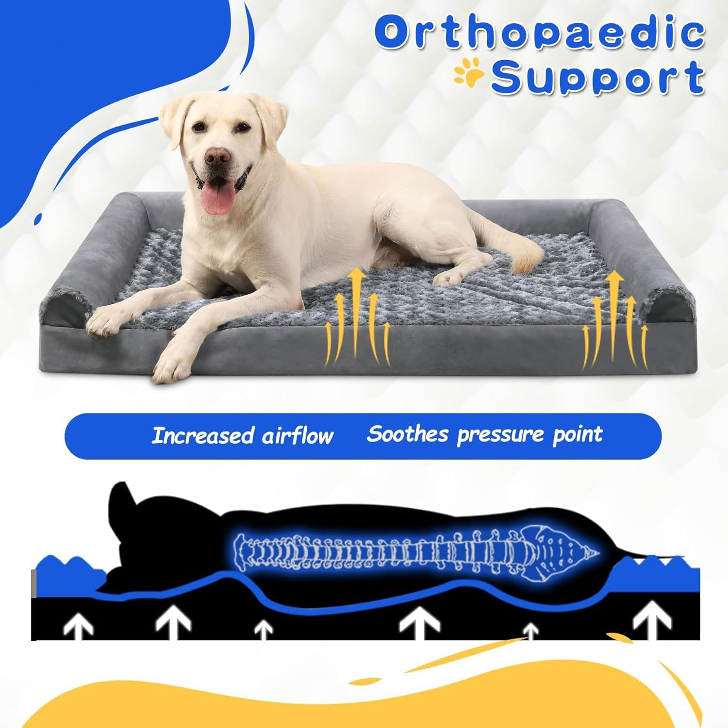 HAOLEYAO Orthopedic Dog Bed for Medium Large Dogs - Big Pet Sofa Bed with Removable Washable Cover, Waterproof Lining, Nonskid Bottom, Foam Dog Couch Bed with Sides Bolster (Grey, 135X95X22Cm) image number 4