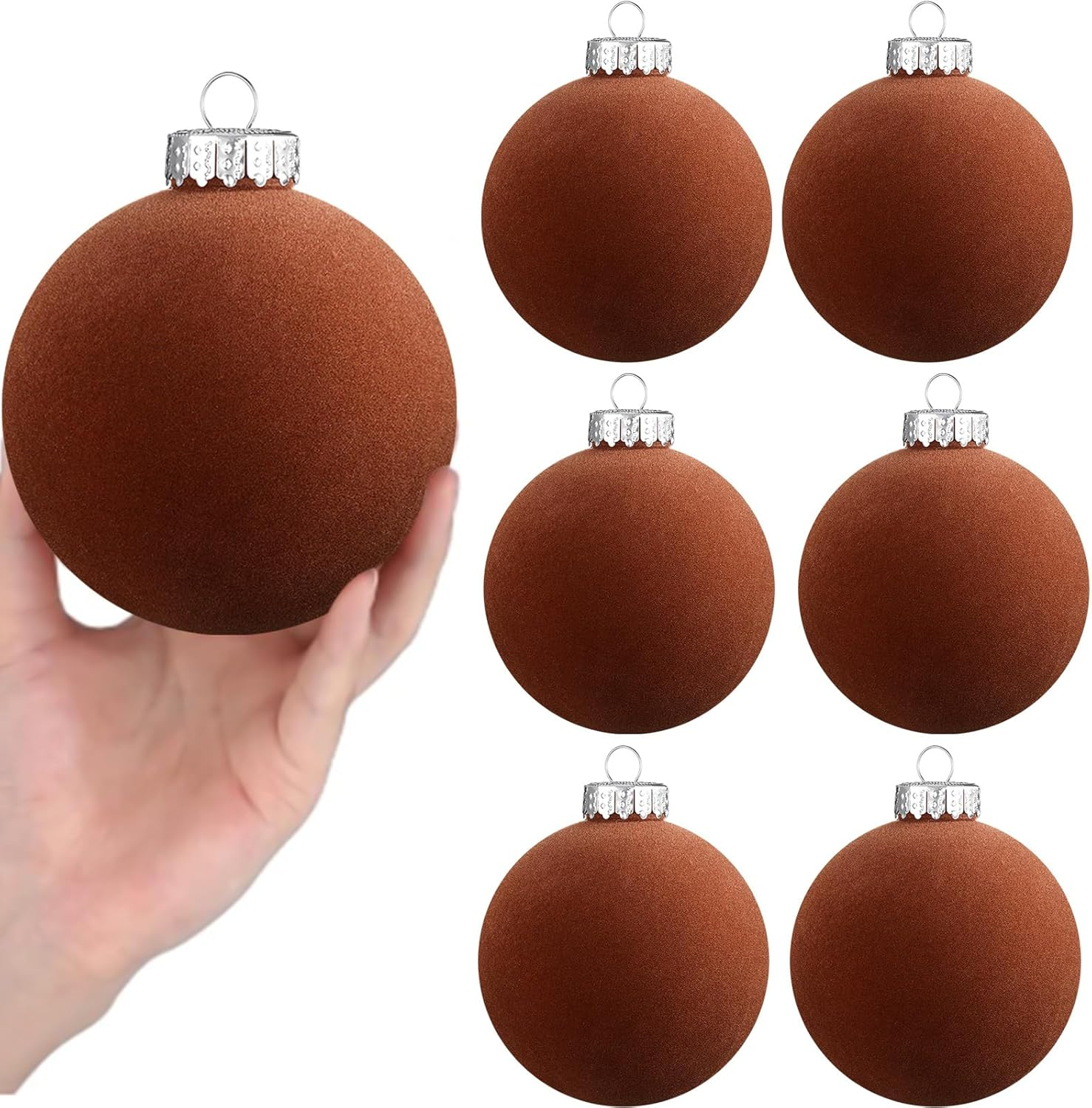 6 Pcs Large Velvet Christmas Ball Ornaments 3.9'' Vintage Neutral Christmas Ornaments Hanging Flocked Christmas Ornaments Christmas Tree Decorations for Holiday Party Xmas (Brown)