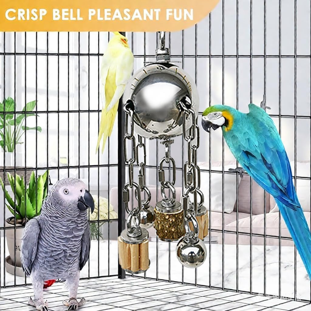 Large Bird Toys, Natural Wooden and 304 Stainless Steel Bell Toy for Parrots, Birds Cage Toy for Amazon Parrot, African Greys, Budgies, Lovebirds, Cockatiels,Cockatoo image number 1