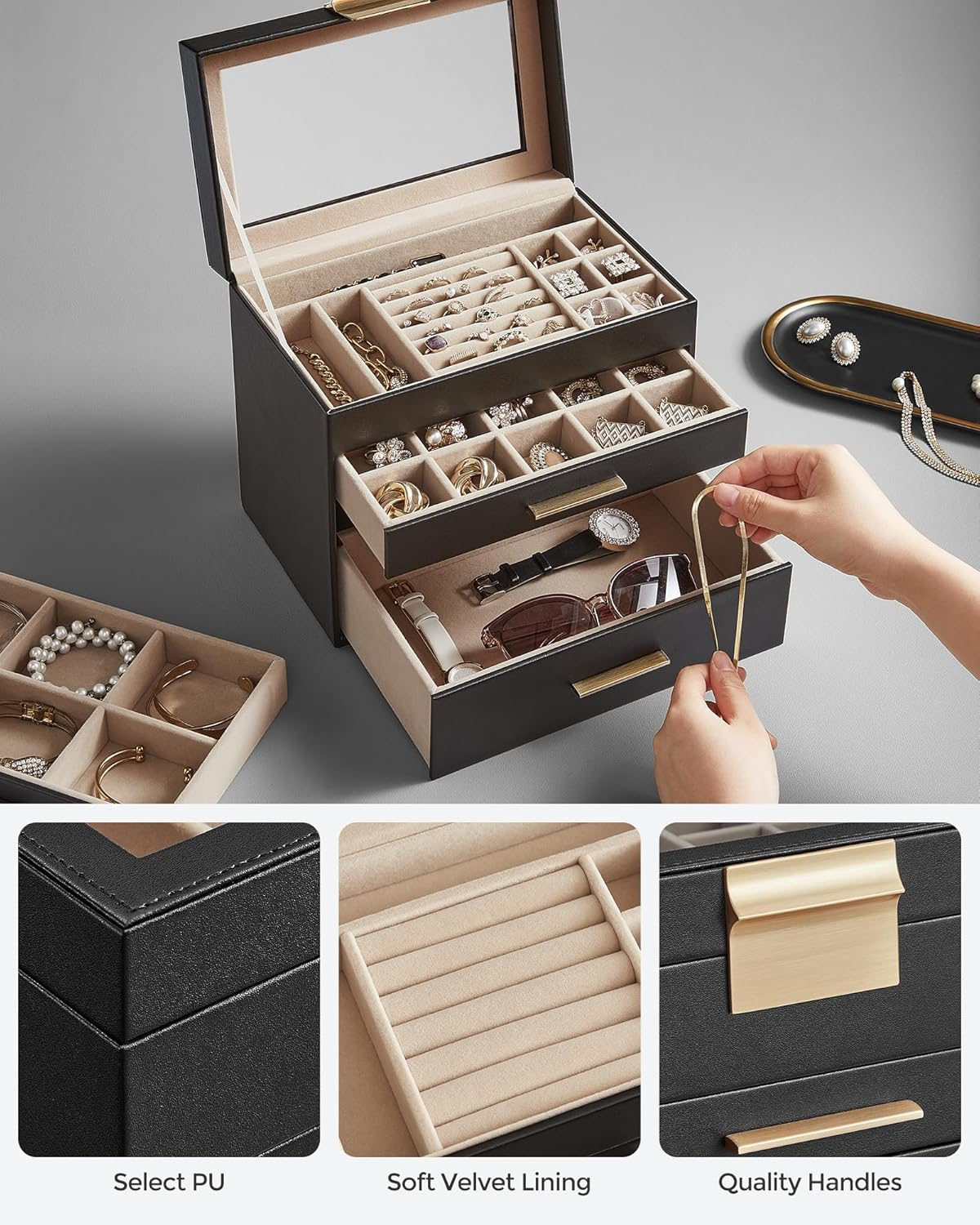 SONGMICS JBC161B02 4 Tier Jewellery Box with Glass Lid 3 Drawers Sunglasses Large Jewellery Storage Modern Graphite Black Gold image number 2