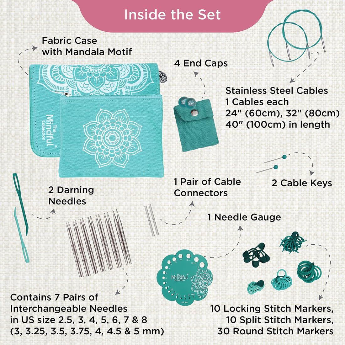 Knitpro Mindful Interchangeable Needle Set &ndash; 7 X 13Cm Circular Knitting Pin Pairs with Accessories Mindful Hope Set for Beginners, Professionals & Gift Set, Silver image number 3
