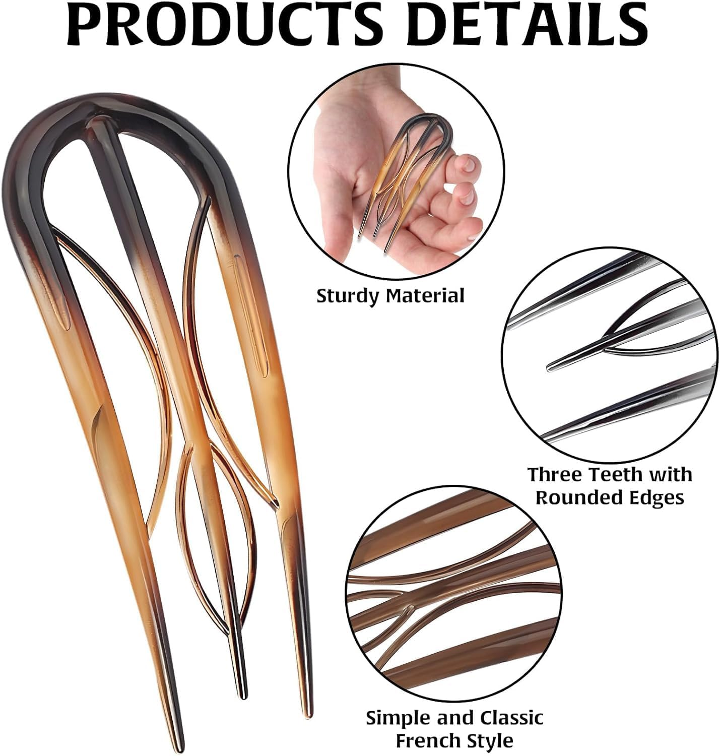 6Pcs U Shaped Hair Pins French Twist Forks - Retro Internal Teeth Clips and Sticks for Styling image number 2