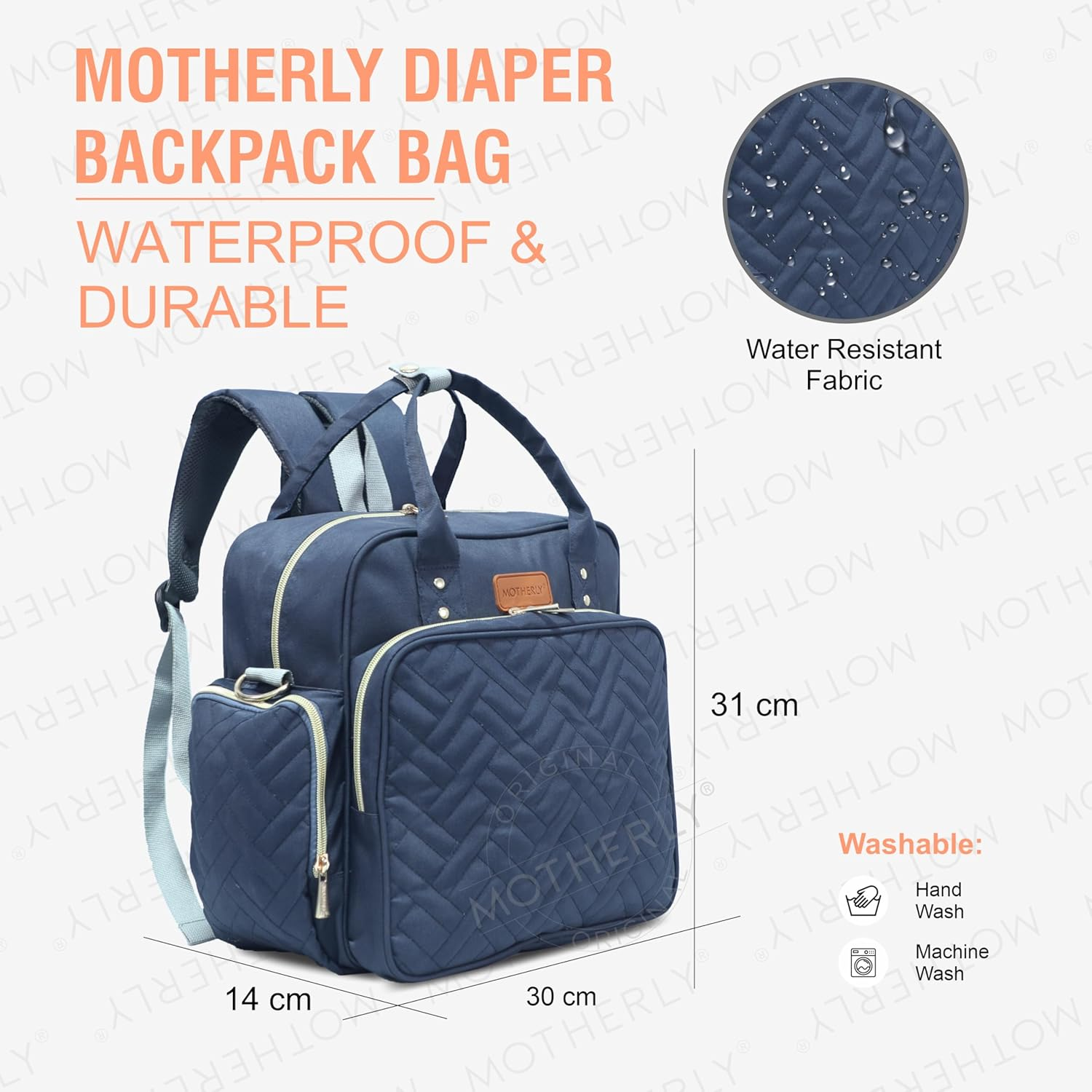 Motherly Quilted Diaper Bag for Mothers for Travel, Maternity Bag for Newborn Baby, Mother Travelling Bag, Multi Pocket Backpack for Moms, Water Resistant Baby Bag with Warranty and Offers (Navy Blue) image number 6