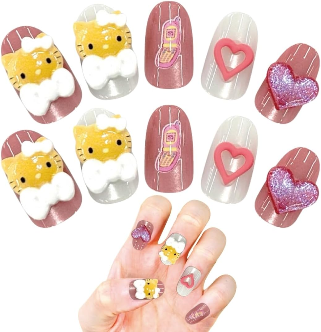 Sanrio Character Nail Tips, Hello Kitty, Leopard Pattern, Removable, 3D, Pack of 24, Short, Graduation, Stone, Nail Stickers, Stylish, Girls, Popular, Removable, Kids, Adults
