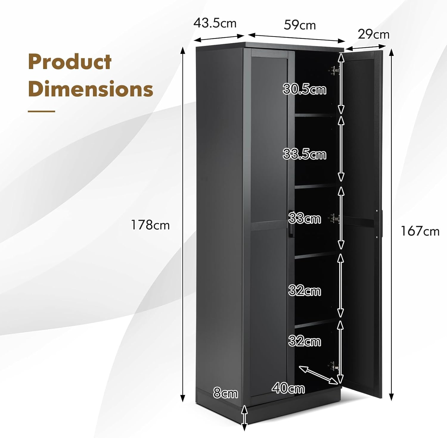 Giantex 178 Cm Kitchen Pantry Cabinet, Utility Storage Cabinet W/ 2 Doors & 5 Shelves, Freestanding Storage Organizer W/Adjustable Shelves & Anti-Tipping Accessories for Kitchen, Bedroom image number 5