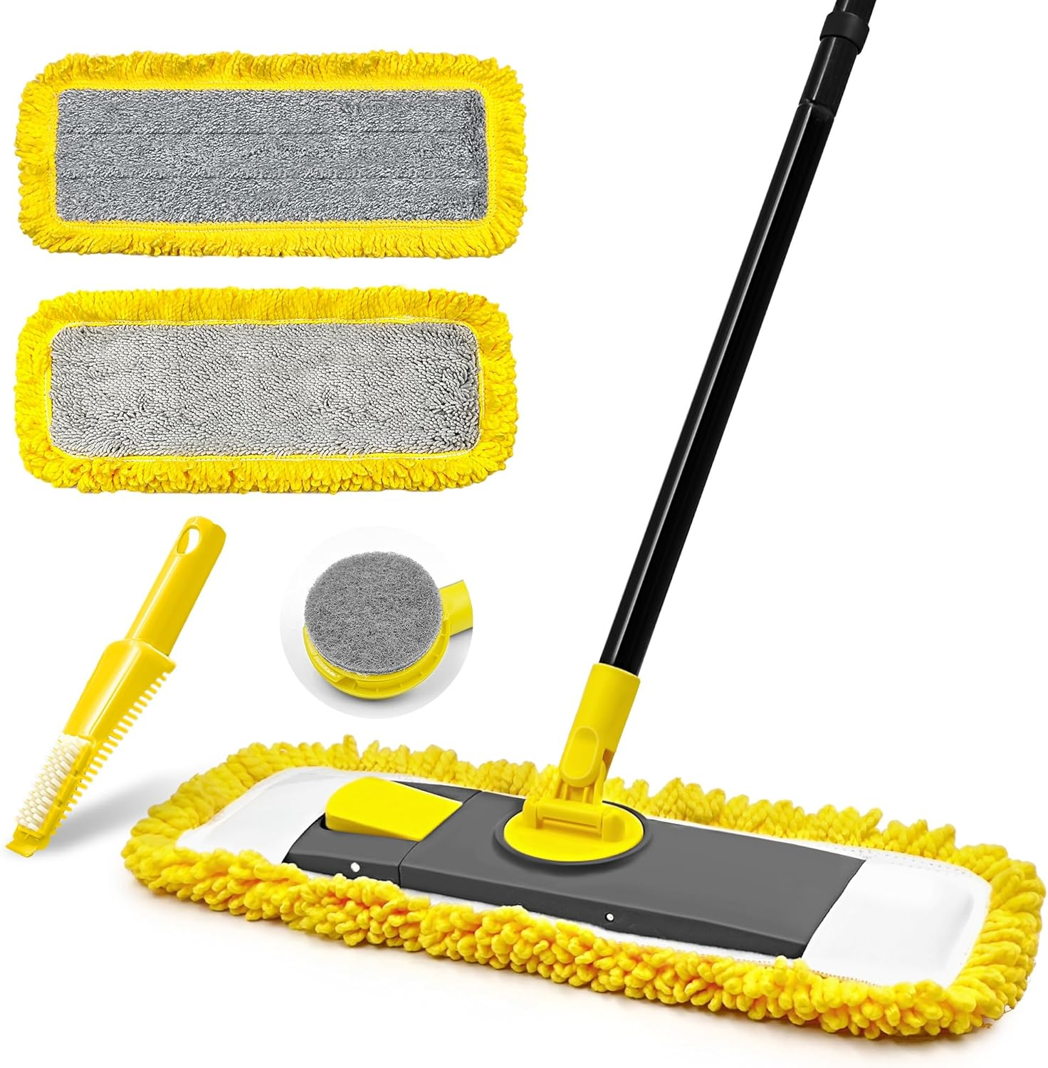 JEHONN Flat Mop for Floor Cleaning, Dry Wet Dust Mops with Microfiber & Chenille Pads for Hard Wood Laminate Tile Vinyl Kitchen Bathroom Home (Yellow)