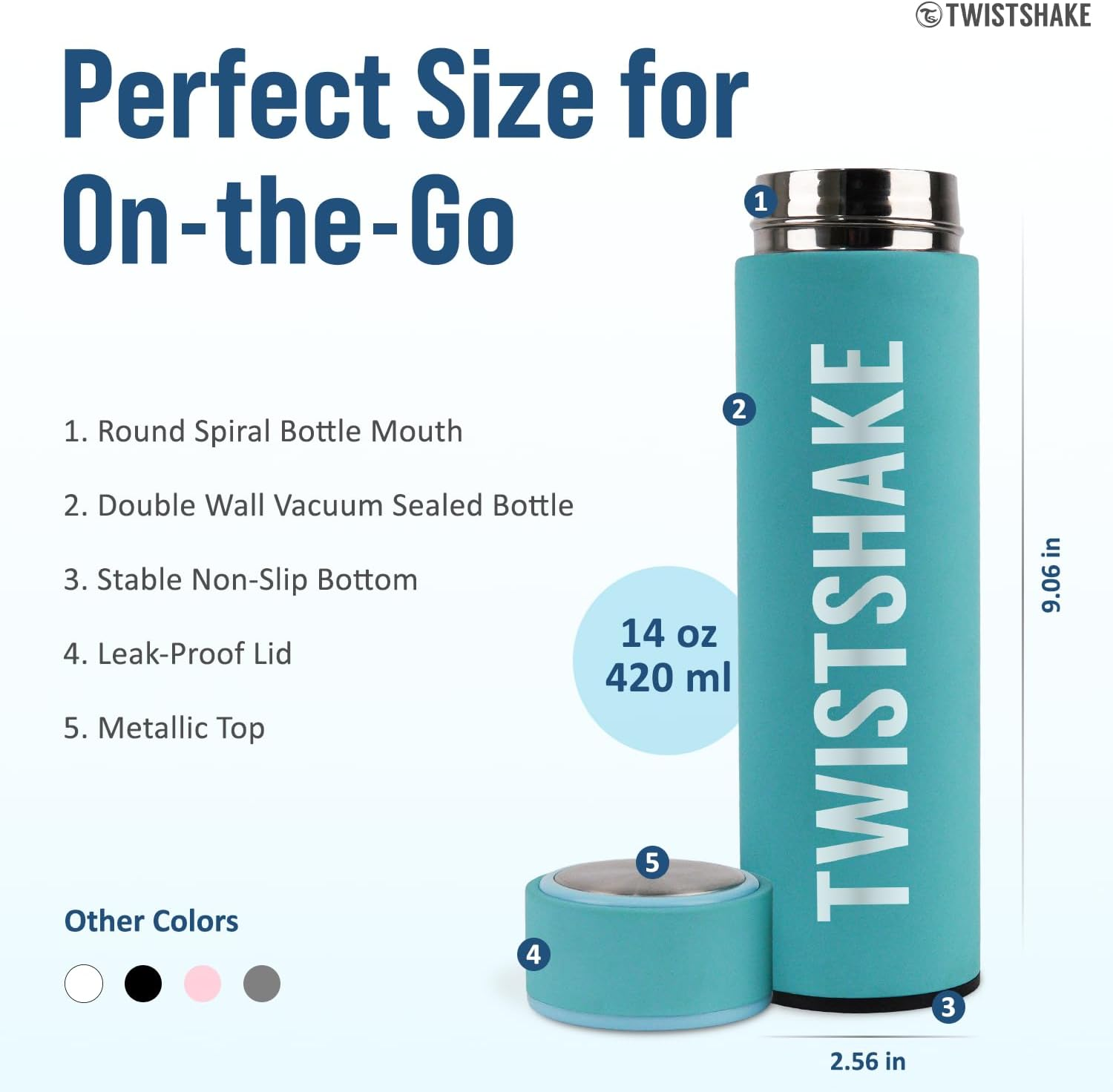 Twistshake Hot or Cold Insulated Flask - 420Ml | Stainless Steel Water Bottle with Double Layer Vacuum | Insulation up to 10 Hours | BPA Free Insulated Thermos | Pastel Blue - Black image number 4