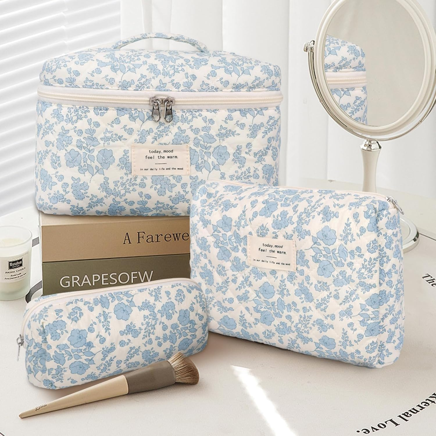 3-Piece Floral Makeup Bag Set, Quilted Cotton Cosmetic Pouch Organizer for Women & Girls, Large Travel Toiletry Bag with Medium & Small Bag, Cute Aesthetic Gift Set-Quttly image number 5