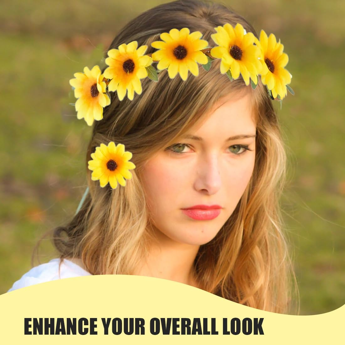 EYVRPAU 10 Hair Clips Flower Hair Band Sunflowers Headband Goose Flowers Hair Accessories Headband Flower Wreath Headdress Women Girls Beach Wedding Travel Carnival Party (Yellow) image number 5