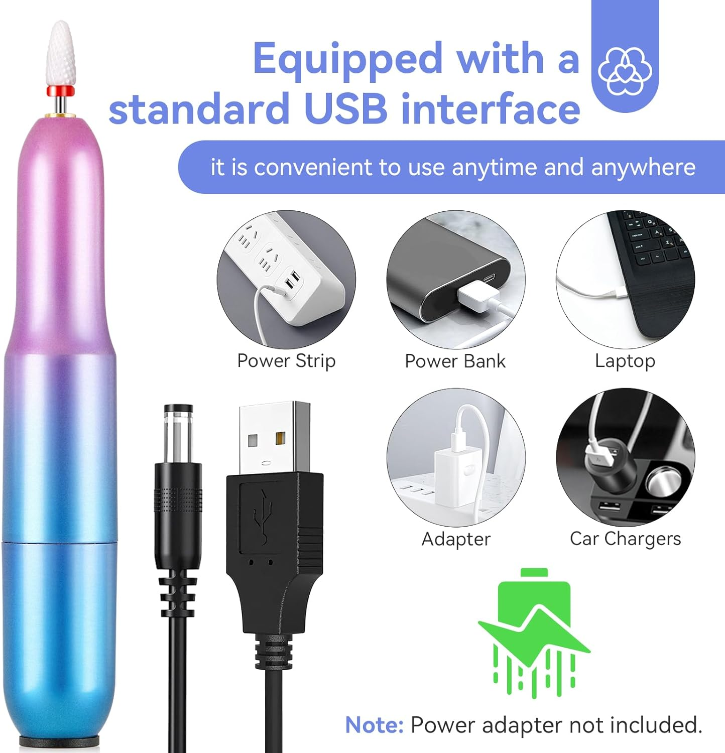 Saviland Portable Electric Nail Drill - 20000 RPM USB Electric Nail File with 7 Nail Drill Bits & 51 Sanding Bands for Nail Prep Acrylic Nails Dip Nails Gel Nails Home Salon Use, Blue-Violet Gradient image number 1