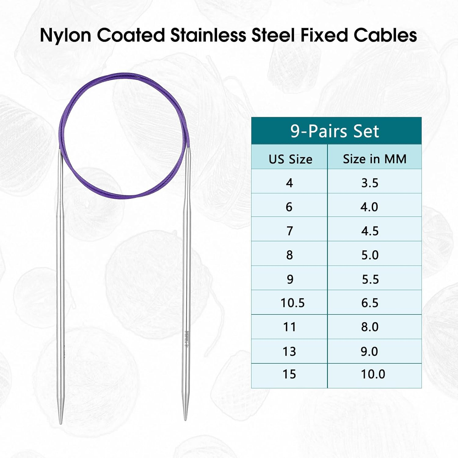 9Pcs 100Cm Circular Knitting Needles Set, Size 3.5Mm, 4Mm, 4.5Mm, 5Mm, 5.5Mm, 6.5Mm, 8Mm, 9Mm, 10Mm, Stainless Steel Metal Circular Needle with Flexible Smooth Joints for Blankets, Sweaters, Shawls, Hats, Scarf Knitting for Beginners image number 2