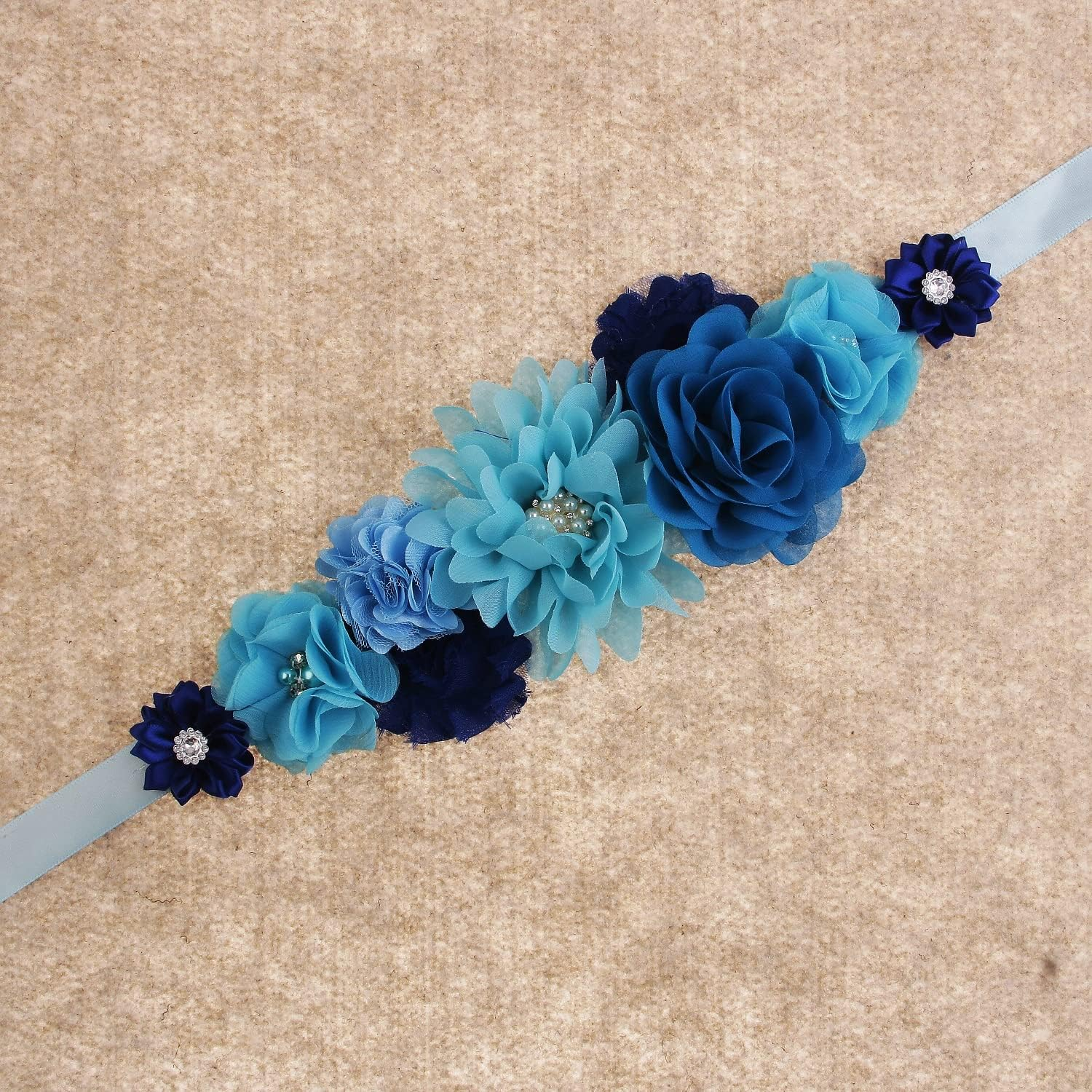 Nishine Blue Maternity Flower Sash Belt Pregnancy Belt for Mom to Be Baby Shower Girls Bridesmaid Sash Belt image number 4