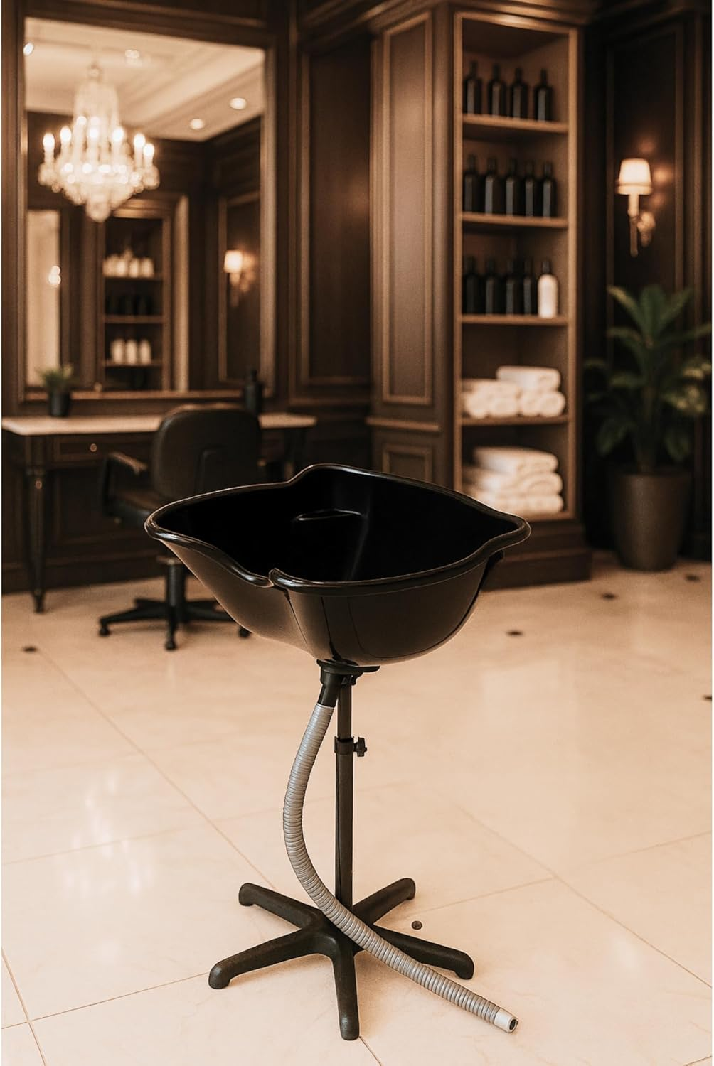 The Prowash Deluxe Adjustable Portable Hairdressing Basin Has a Durable Black Plastic Basin, Stainless Steel Frame, and Adjustable Height (92-130Cm), Offering Comfort and Convenience for Salons. image number 1