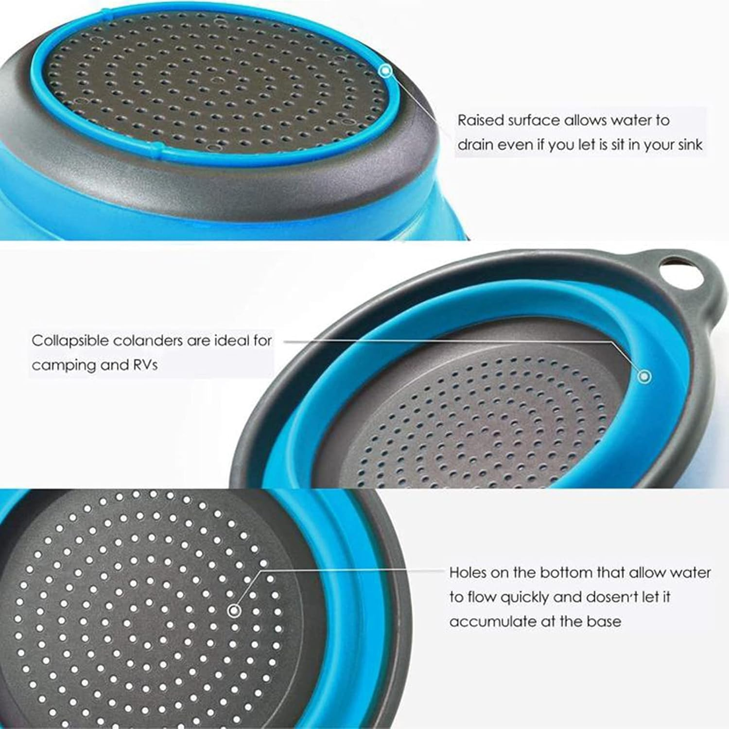 Basket Collapsible Colander Set of 2 round Silicone Kitchen Strainer Set - 1 Large 1 Small Perfect for Draining Pasta, Vegetable and Fruit(Blue)
