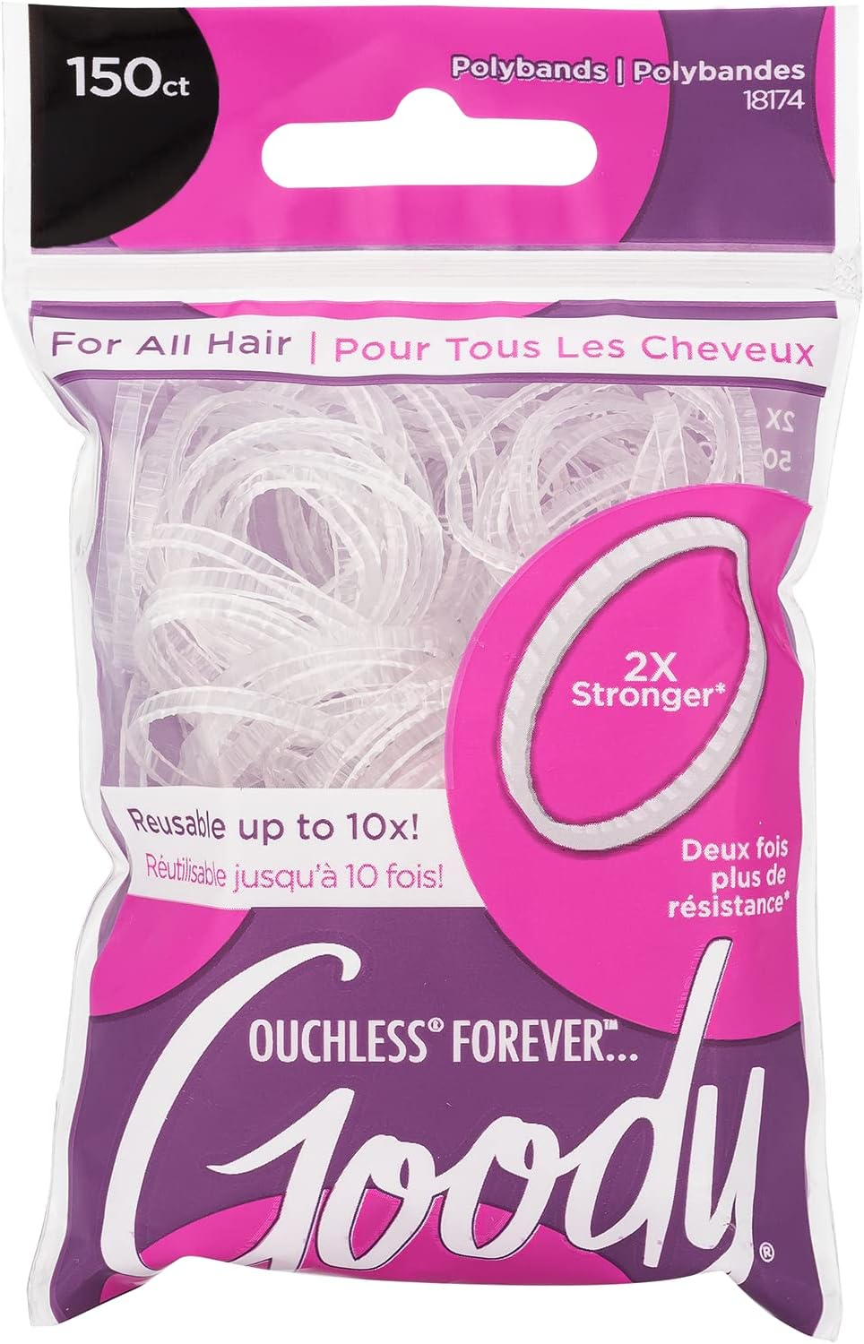 Goody Ouchless Forever Polyband Hair Ties - 150 Ct, Clear, Hair Bands for Women'S Hair, Easy Glide, Ultra-Strong Hold Hair Accessories for Women & Men, Secure Hold Ridge Design, All Hair Types