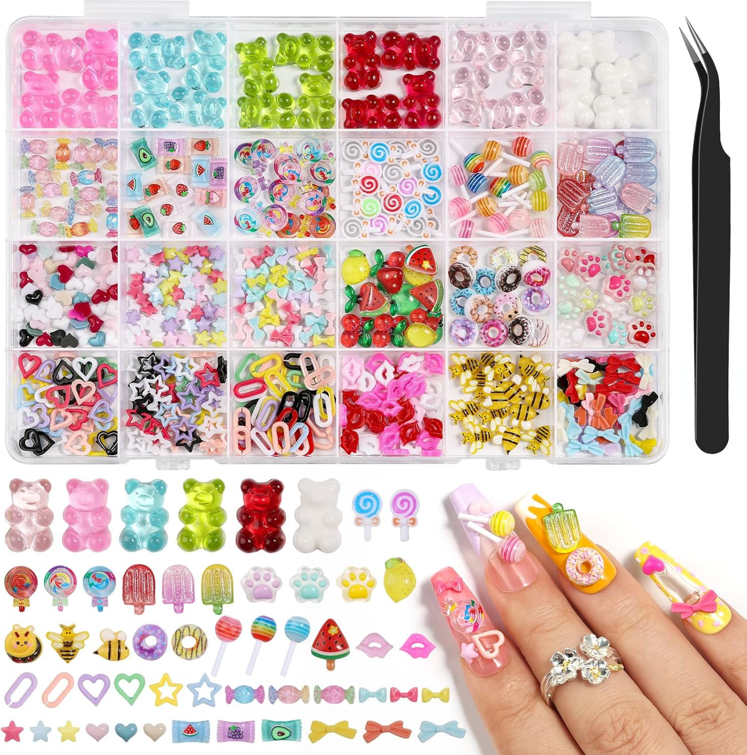 Kikonoke 200PCS Kawaii Nail Charms Kit, 3D Lip Candy Gummy Bear Resin Charms for Acrylic Nails, Sweet Nail Art Supplies with Tweezers for DIY Crafts, Slime & Shoe Decor