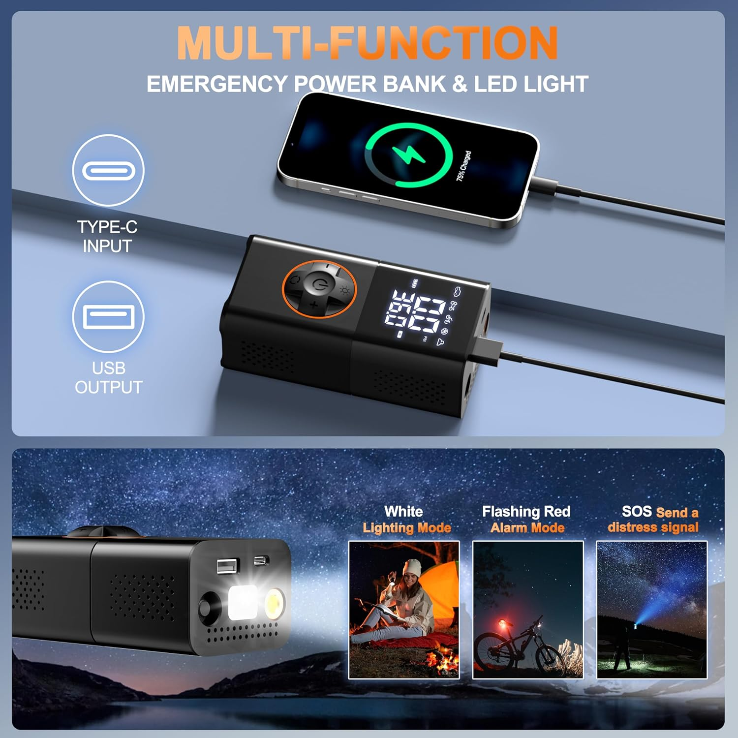 Mxcasoxz Tire Inflator Portable Air Compressor,Cordless Bike Pump with Digital Dual Values Display/Led Lights/Storage Pouch/Auto Shut-Off Function, 150 PSI Air Pump for Cars, Motorcycles, Bikes, Balls image number 1