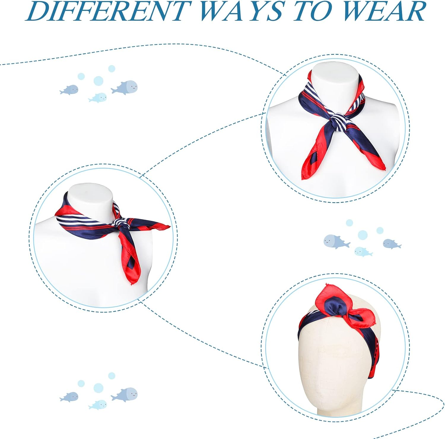 Xtinmee 12 Pack Nautical Square Scarf - Red, White, and Blue Imitated Silk Sailor Neck Scarf for Women, Ladies, Stewardess