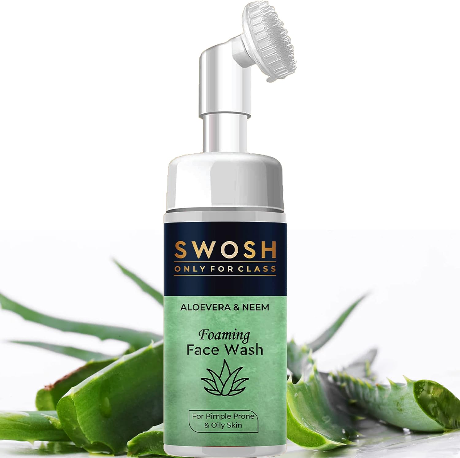 SWOSH Aloe Vera & Neem Foaming Face Wash for Pimple Prone & Oily Skin- No Parabens, Sulphate, Silicones & Color (With Built-In Face Brush), 100 Ml/ 3.38 Fl Oz image number 1