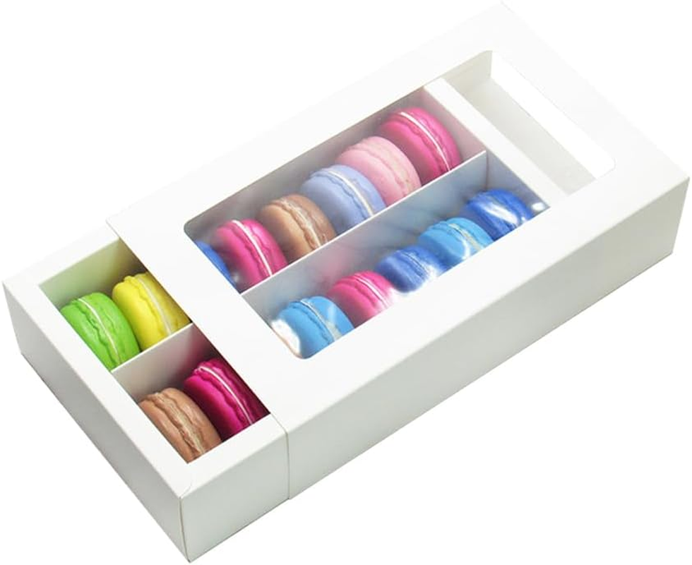 AIMALL 25PCS White/Kraft Macaron Boxes, 8/16 Hold Rectangular Favour Bomboniere Cookie Packaging, 8.07X2.76X1.97In & 8.19X4.92X1.97In, Easy Assemble, Durable, Flat Pack, No Glue