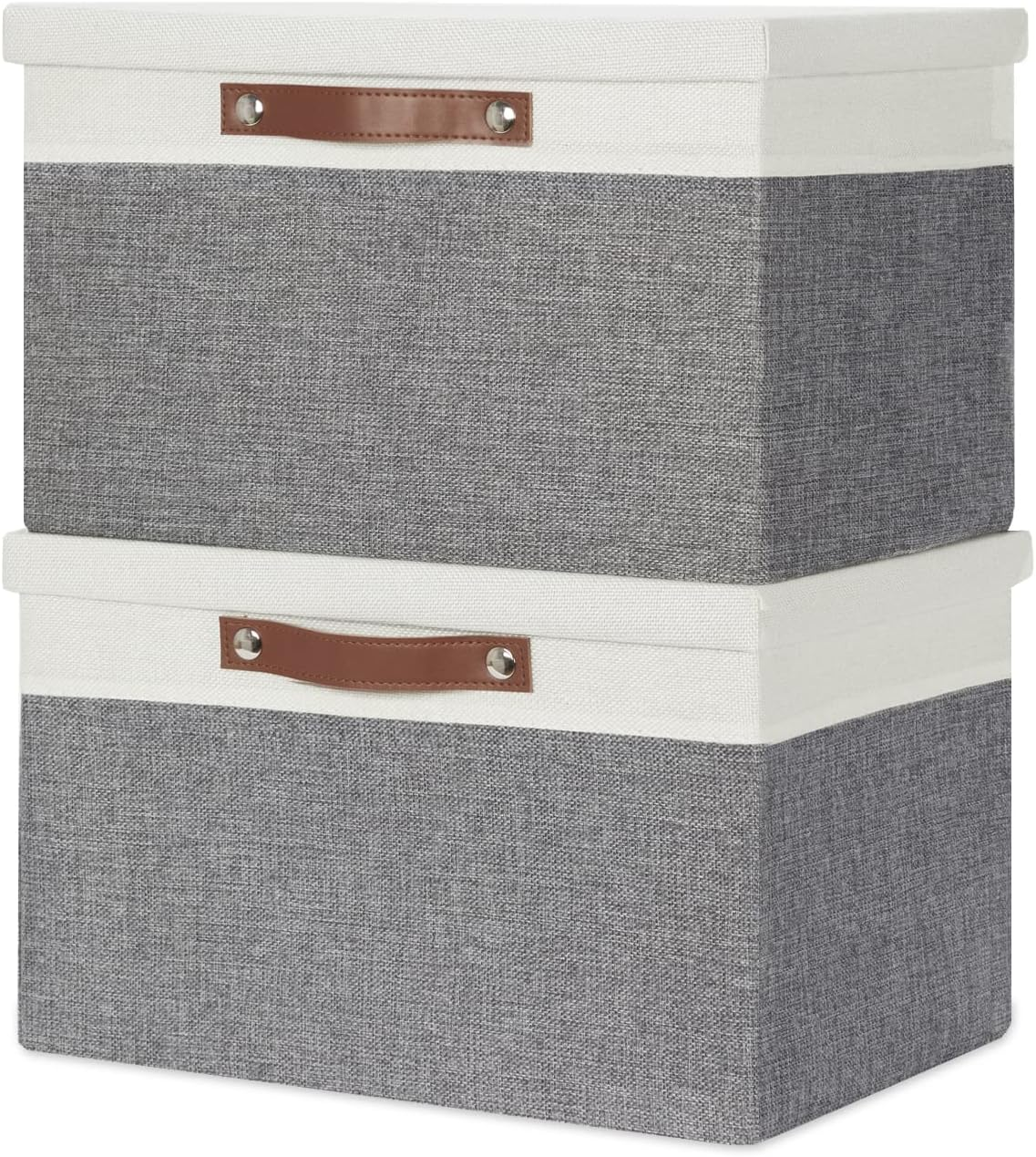 Temary Collapsible Storage Bins Storage Boxes with Lid, 2 Pack Storage Baskets with Lid Decorative Storage Clothes, Toys, Organizer Bins with Handles (White&Gray, 15X11X9.5Inch)