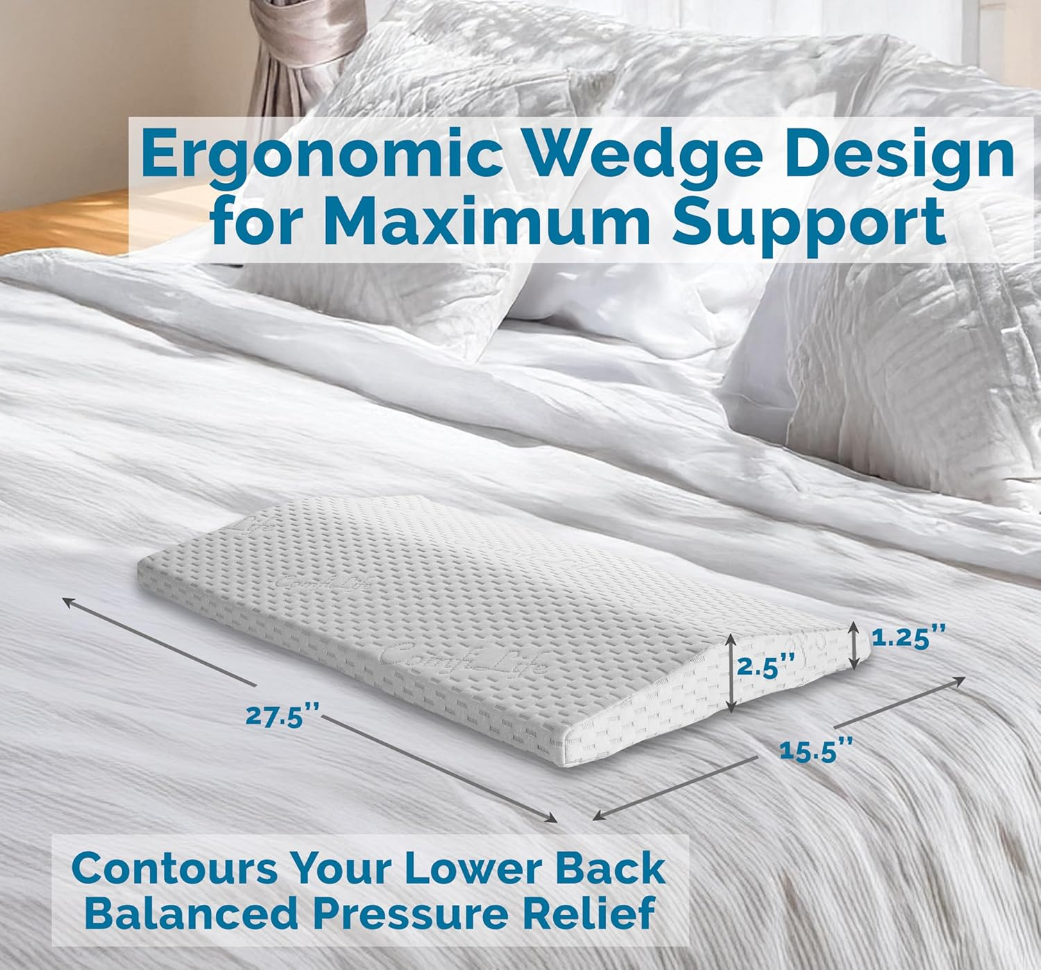 Comfilife Lumbar Support Pillow for Sleeping Memory Foam Pillow for Back Pain Relief &ndash; Side, Back and Stomach Sleepers&ndash; Triangle Wedge Bolster Pillow &ndash; Bed Rest Pillow (White, Standard) image number 3