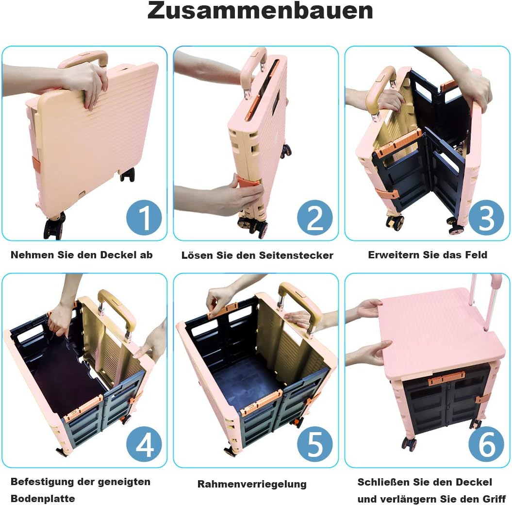 Foldable Utility Cart Folding Portable Rolling Crate Handcart Shopping Trolley Wheel Box with Lid Wear-Resistant Noiseless 360&deg;Rotate Wheel for Travel Shopping Moving Storage Office Use (Pink) image number 3