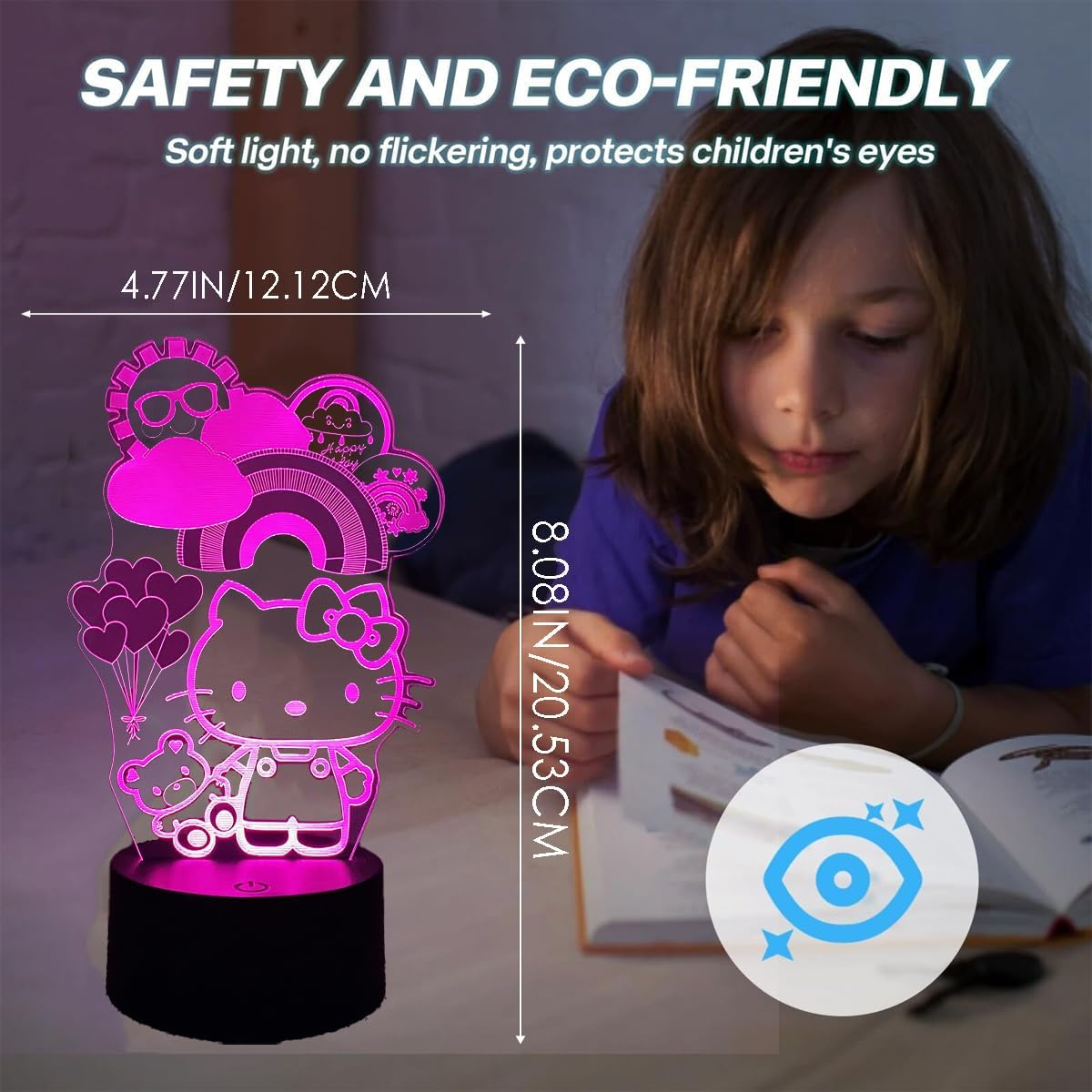 ANDYLV 3D Kitty Night Light, 3D Kitty Lamp, Stereoscopic Phantom Light, Intelligent Touch Control, 7 Colours, LED Bedside Table, Mood Light, Children'S Lamp, Birthday Gift for Boys and Girls - Black image number 3