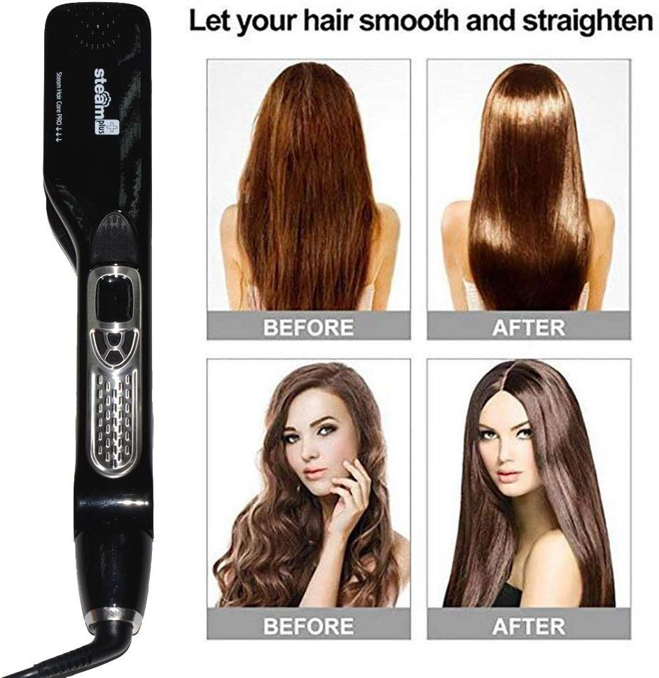 Professional Steam Straightener Brush, Electric Titanium Ceramic Flat Iron with Anti-Static Technology and Digital Controls for All Hair Types (Black)