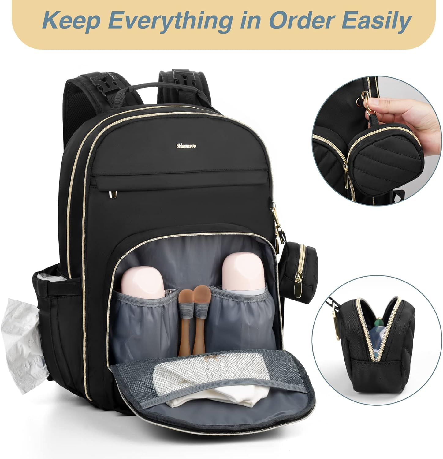 MOMUVO Diaper Bag Backpack, Quilted Baby Bag with Changing Pad & Stroller Straps & Pacifier Case, Large Travel Diaper Bags