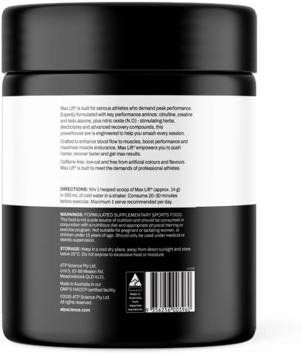 ATP Science Max Lift Non-Stim Performance Pre-Workout 40 Serves Blue Raspberry image number 2