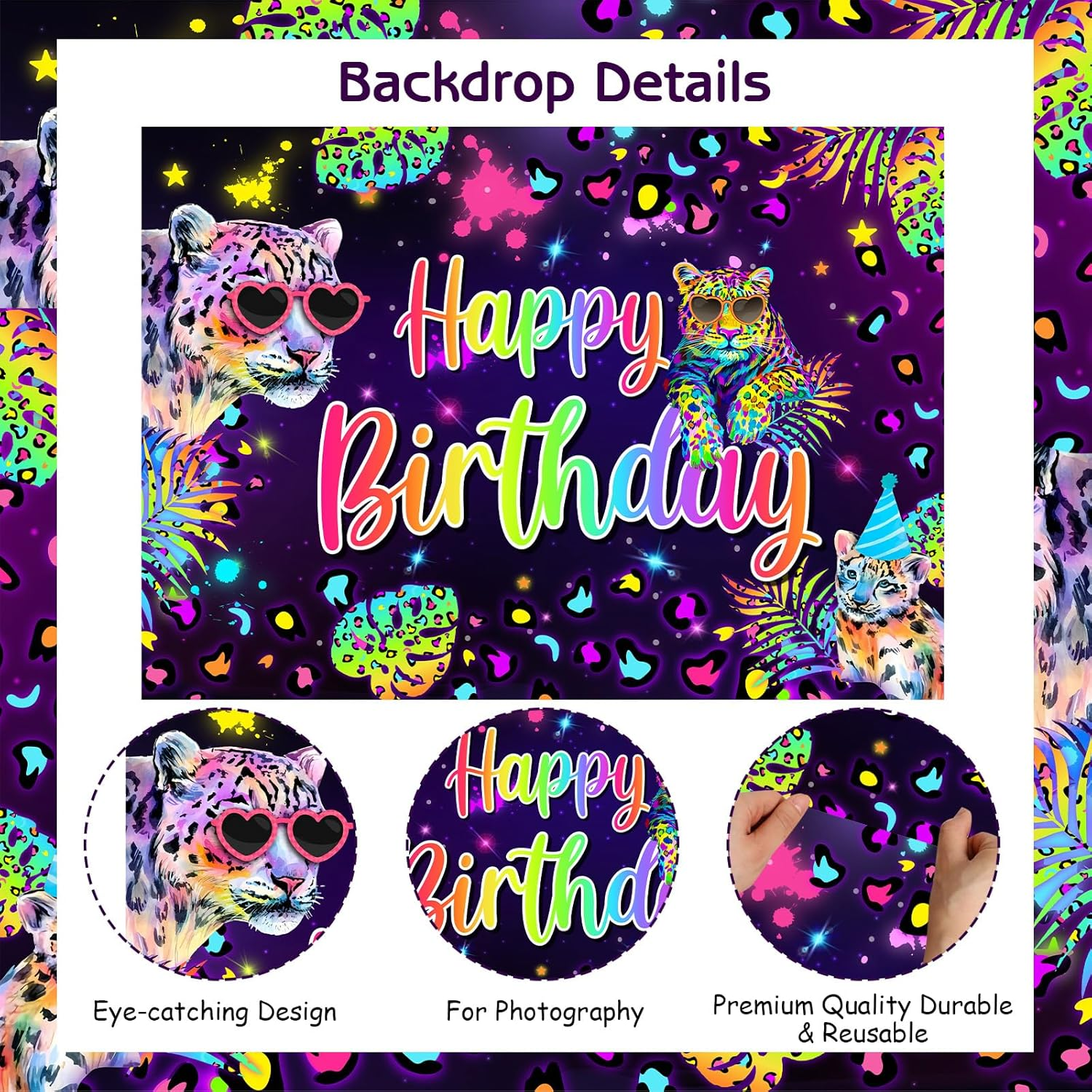 Wonmelody 7 * 5Ft Rainbow Leopard Birthday Backdrop Rainbow Cheetah Party Decorations Neon Leopard Photography Background Safari Wild Cheetah Photoshoot Backdrop Party Supplies for Women Girls