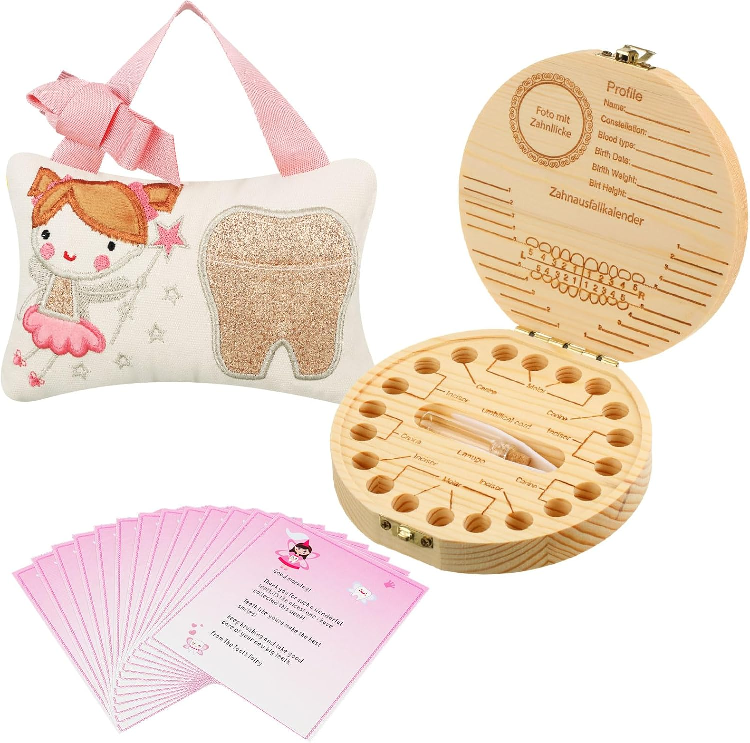 Qunclay Tooth Fairy Kits Includes 3.9 X 5.9 Inch Cute Tooth Fairy Pillow Wooden Keepsake Box Container and 20 Warm Letters(Pink,Girl Style)