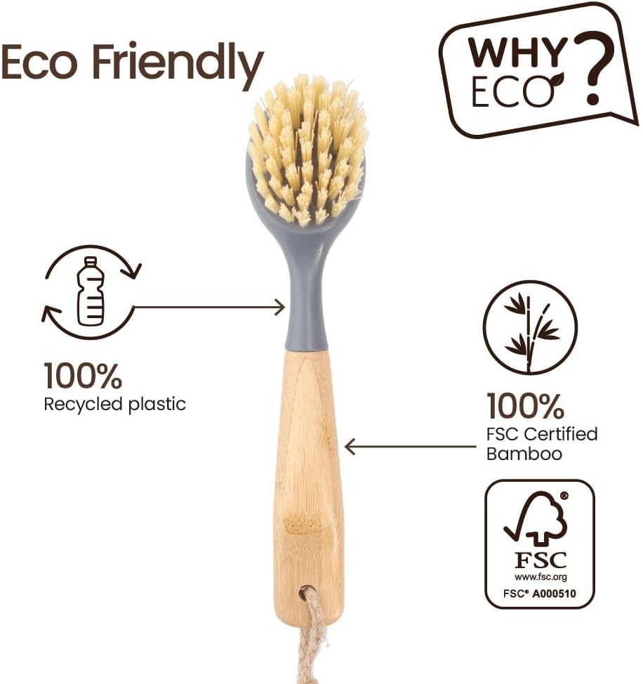 White Magic Eco Basics Cast Iron Brush &ndash; Ergonomic Bamboo Handle | Tough Nylon Bristles & Scraper Edge for Burnt-In Residue | Ideal for Cast Iron Cookware, Pots & Pans | Eco-Friendly Recycled Plastic